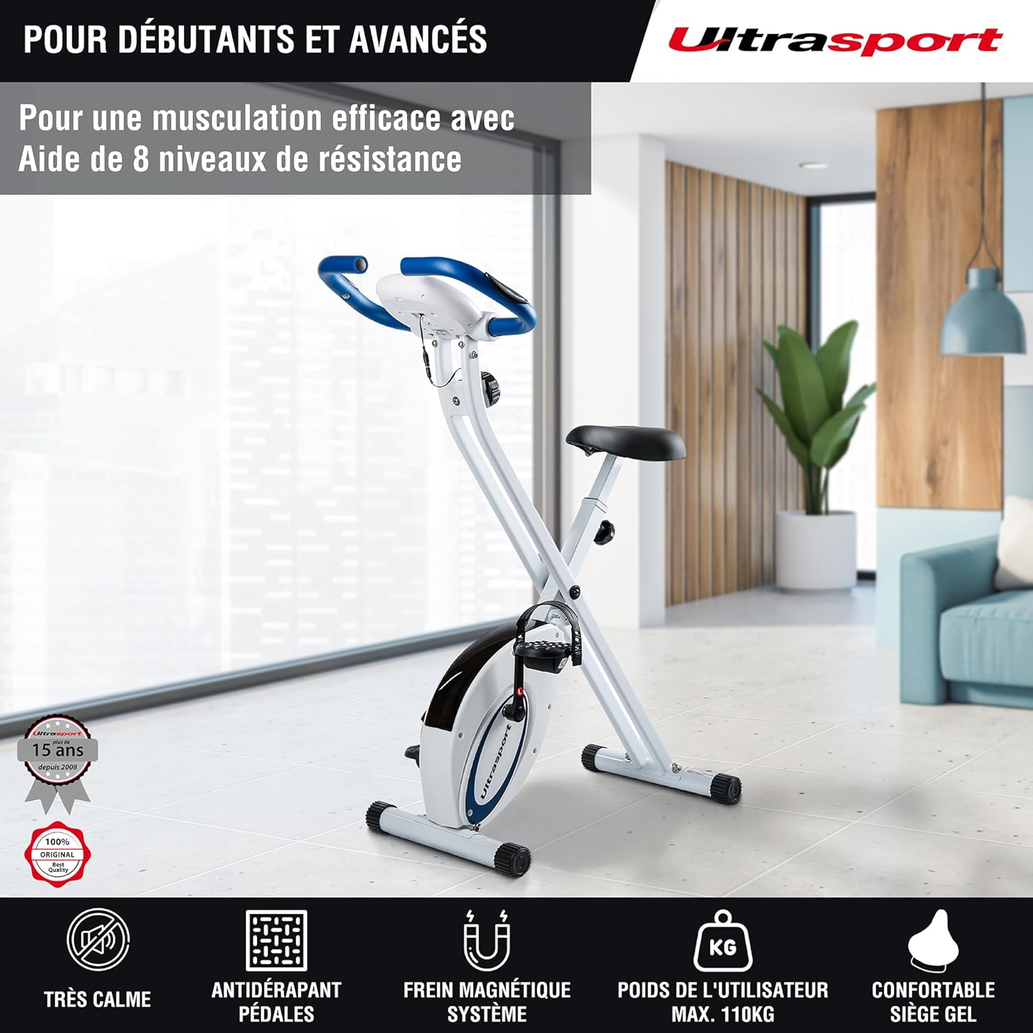 Ultrasport F-Bike, entraneur vélo, vélo d'appartement, home trainer pliable, écran LCD, opt. capteurs pouls main, Niveaux de résistance réglables, faciles à assembler, idéal pour athlètes et seniors