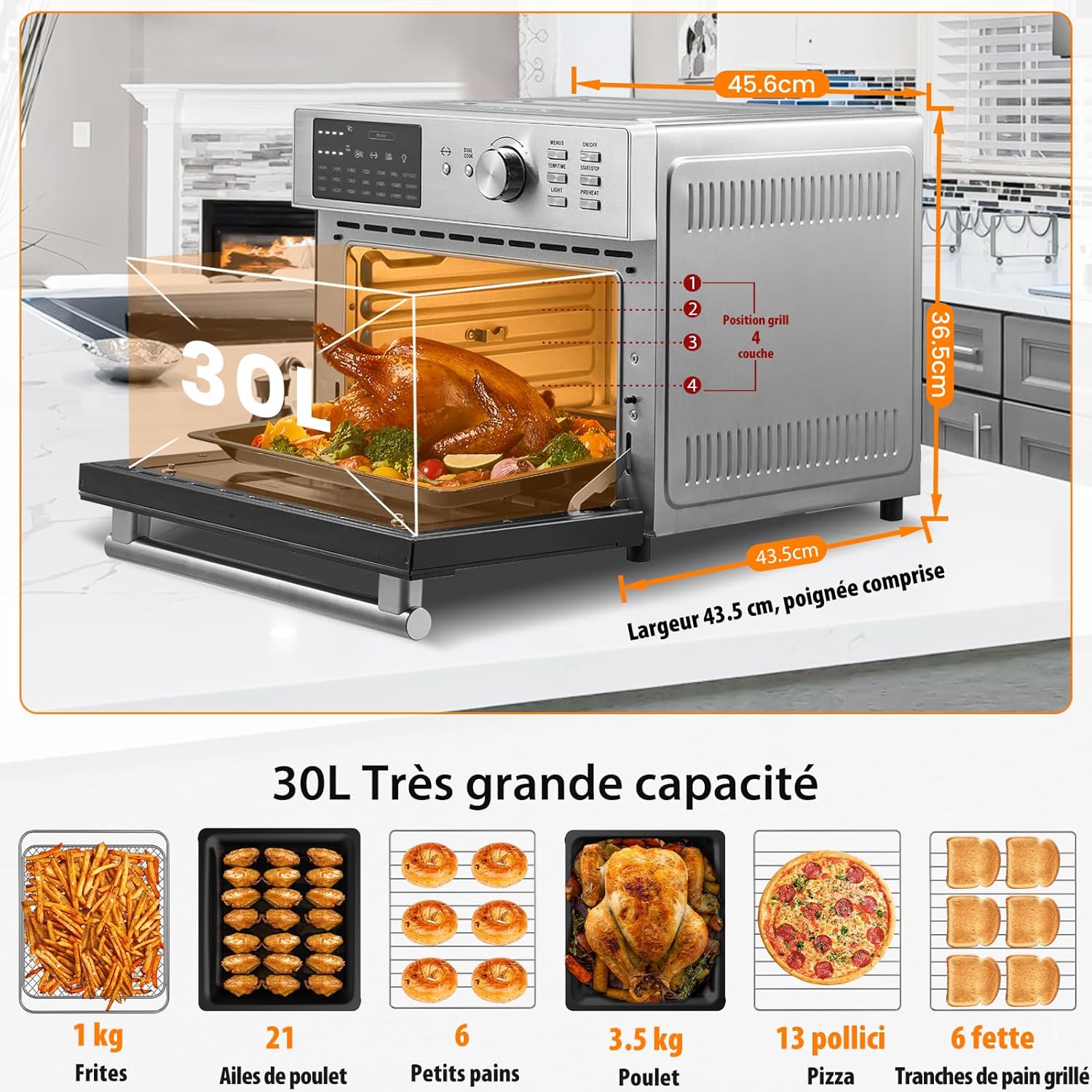 Oimis Friteuse à Air Chaud Sans Huile Four 30L,Gris, 1800W avec 21 Programmes Prédéfinis, Rtissoire,Déshydrateur, 6 Accessoires, Recettes（NO Panier Rotatif）
