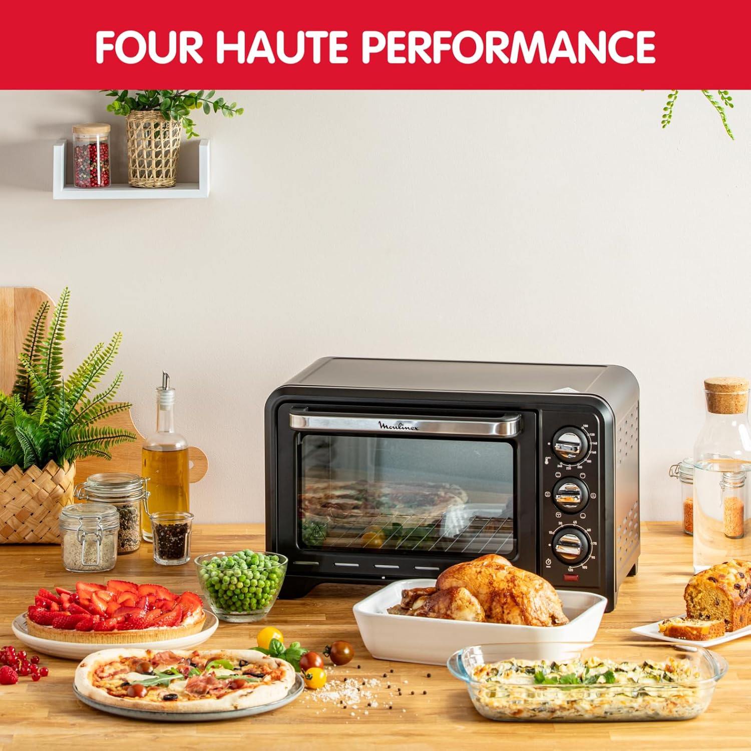Moulinex Four électrique posable 19 L, Compact, chaleur tournante, 6 modes de cuisson, Thermostat réglable jusqu’à 240°C, Minuteur 120 min, Grille réversible, Lèche frites, Optimo noir OX444810