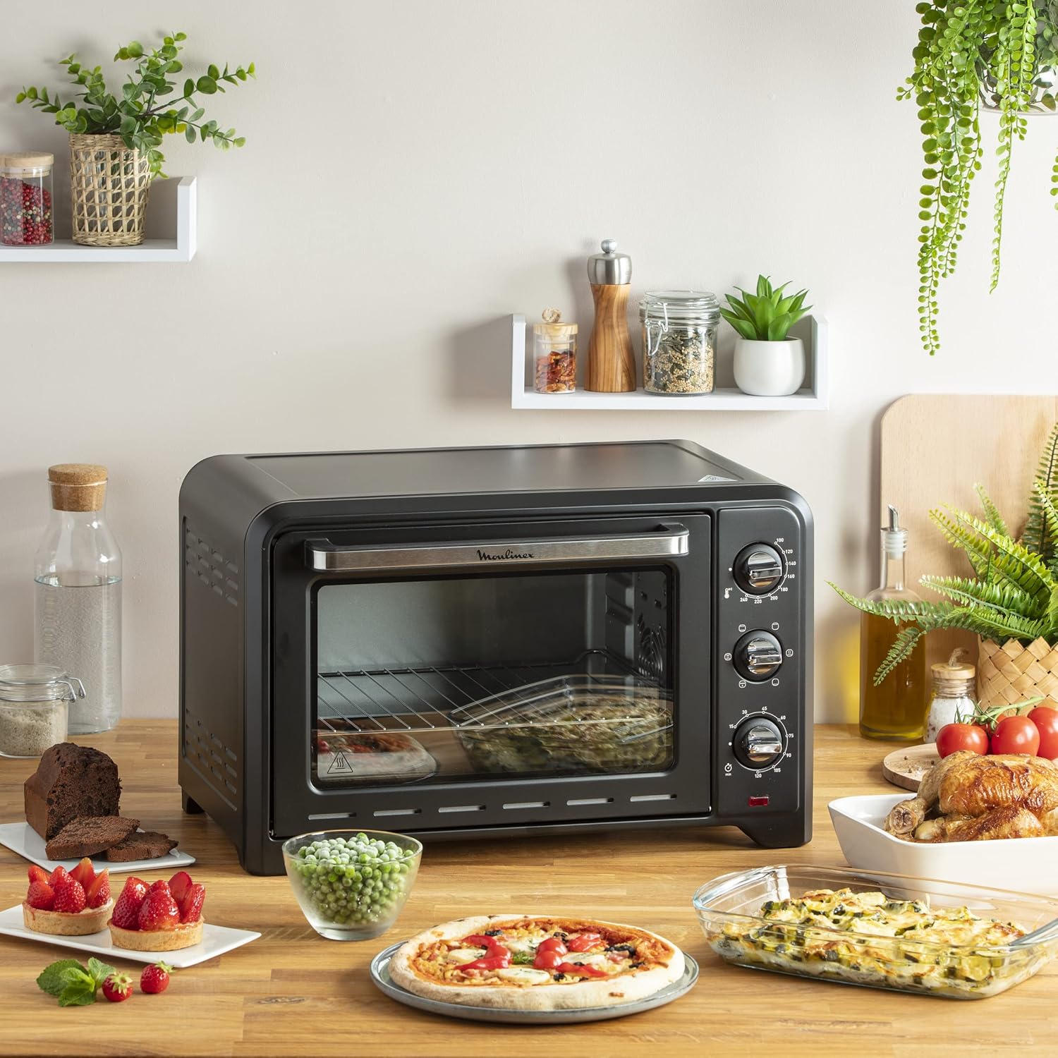 Moulinex Optimo 33L Four Electrique Chaleur tournante Noir 6 Modes de Cuisson pain pizza tartes gateaux patisseries Grille et Leche frites inclus OX464810