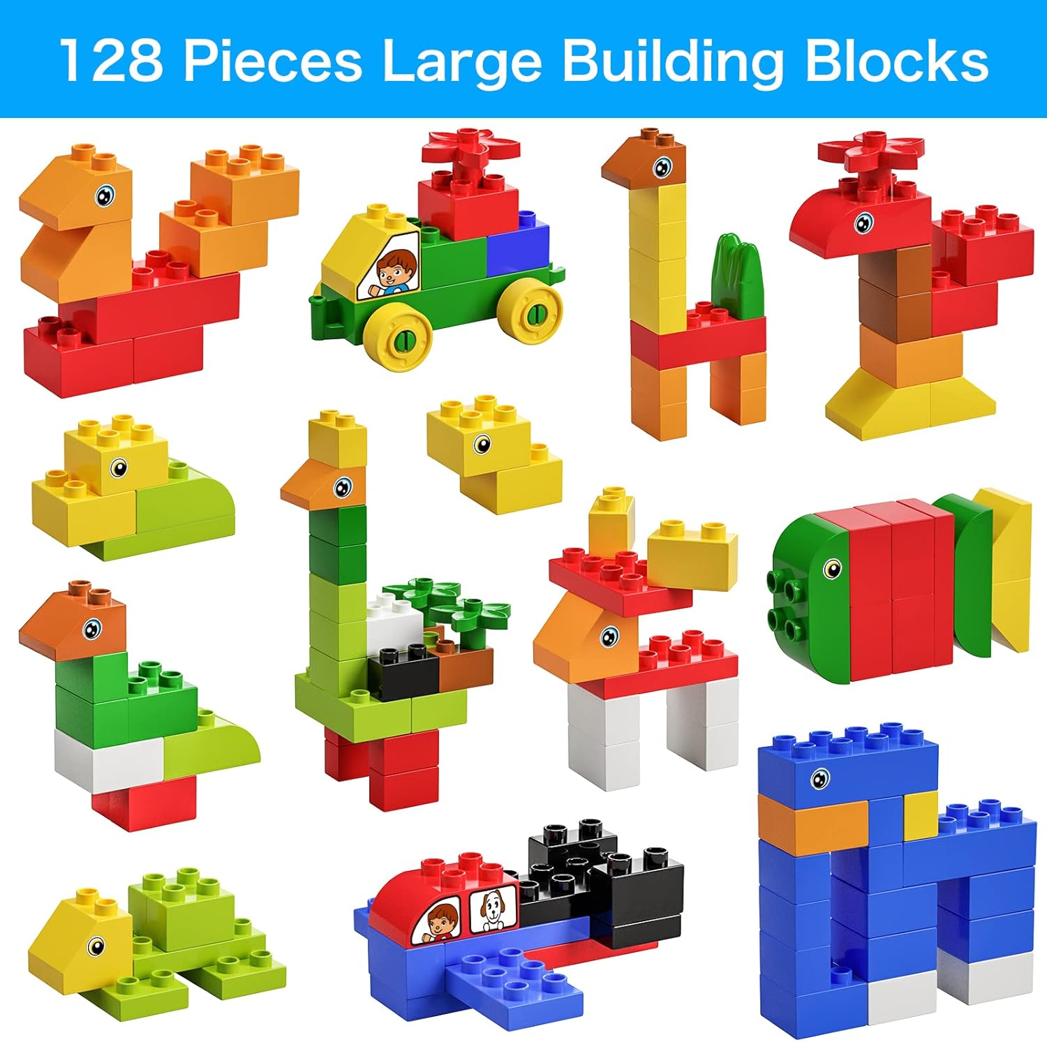 burgkidz Ensemble de Table Multi-activités pour Enfants 5-en-1-128 Pièces Blocs de Construction de Grandes Briques Compatibles, Jeu Comprenant 1 Chaise et 1 Table avec Rangement, Bleu