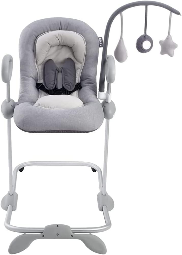Béaba, Transat Up & Down IV, Transat Réglable en Hauteur, Unisexe pour Bébé et Enfants, 3 Positions d'Inclinaison, Harnais Sécurité 5 Points, Réducteur de Naissance, Gris minéral et miel