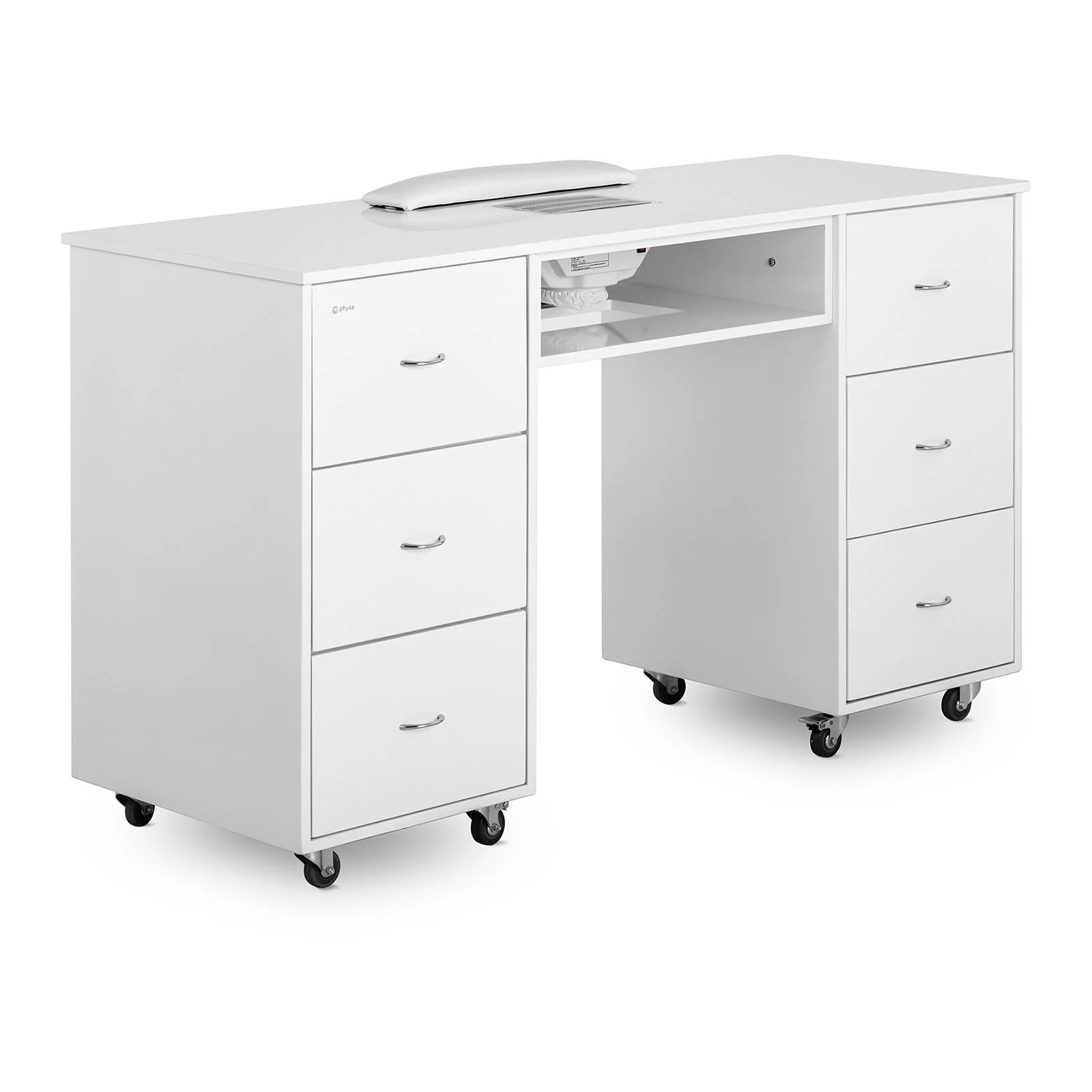 Table de manucure manucurie pour onglerie prothésiste ongulaire (3 tiroirs, aspiration intégrée, 8 roulettes en caoutchouc, panneau de fibres)  14_0007858