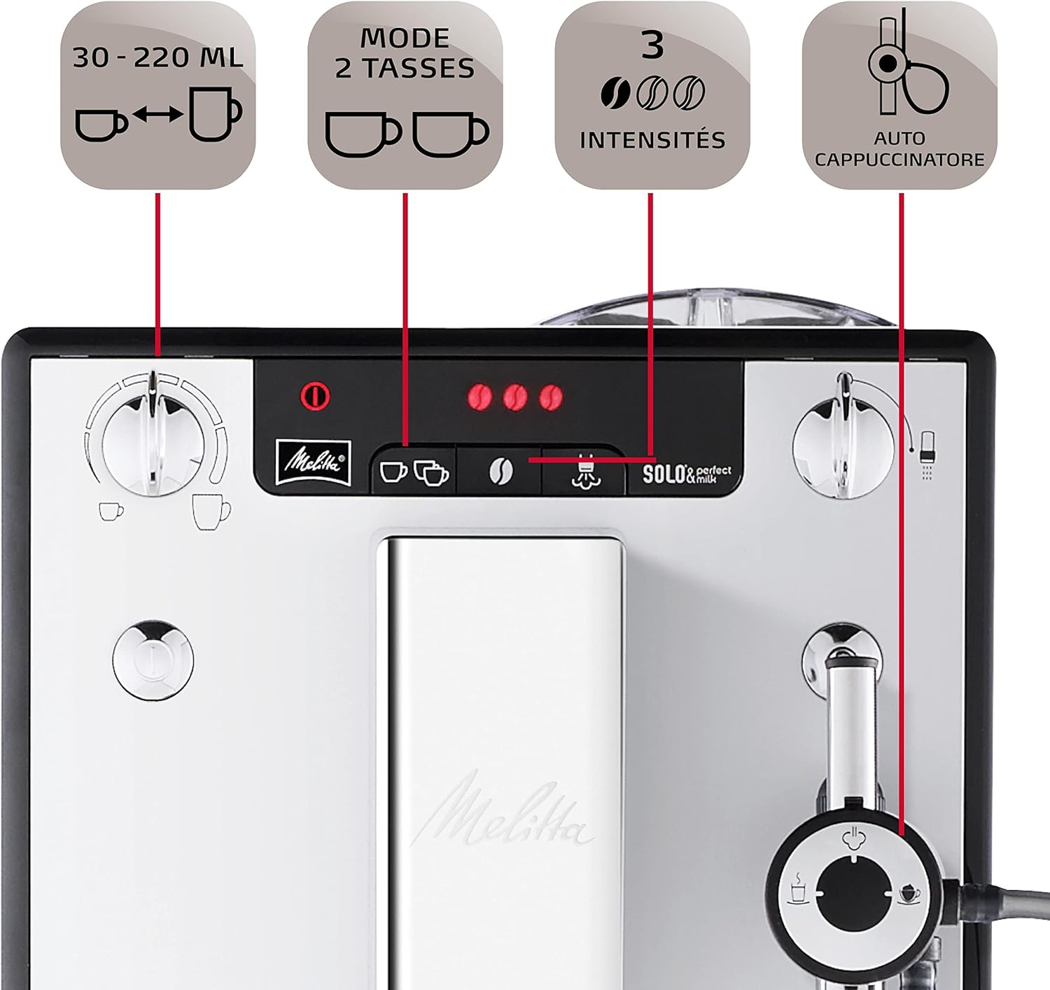 Melitta Solo & Perfect Milk Argent, Machine à Café à Grains avec Broyeur et Système d'Extraction des Armes, Mode 1 à 2 Tasses, Auto Cappuccinatore, Affichage LED, E957-203, 1400W