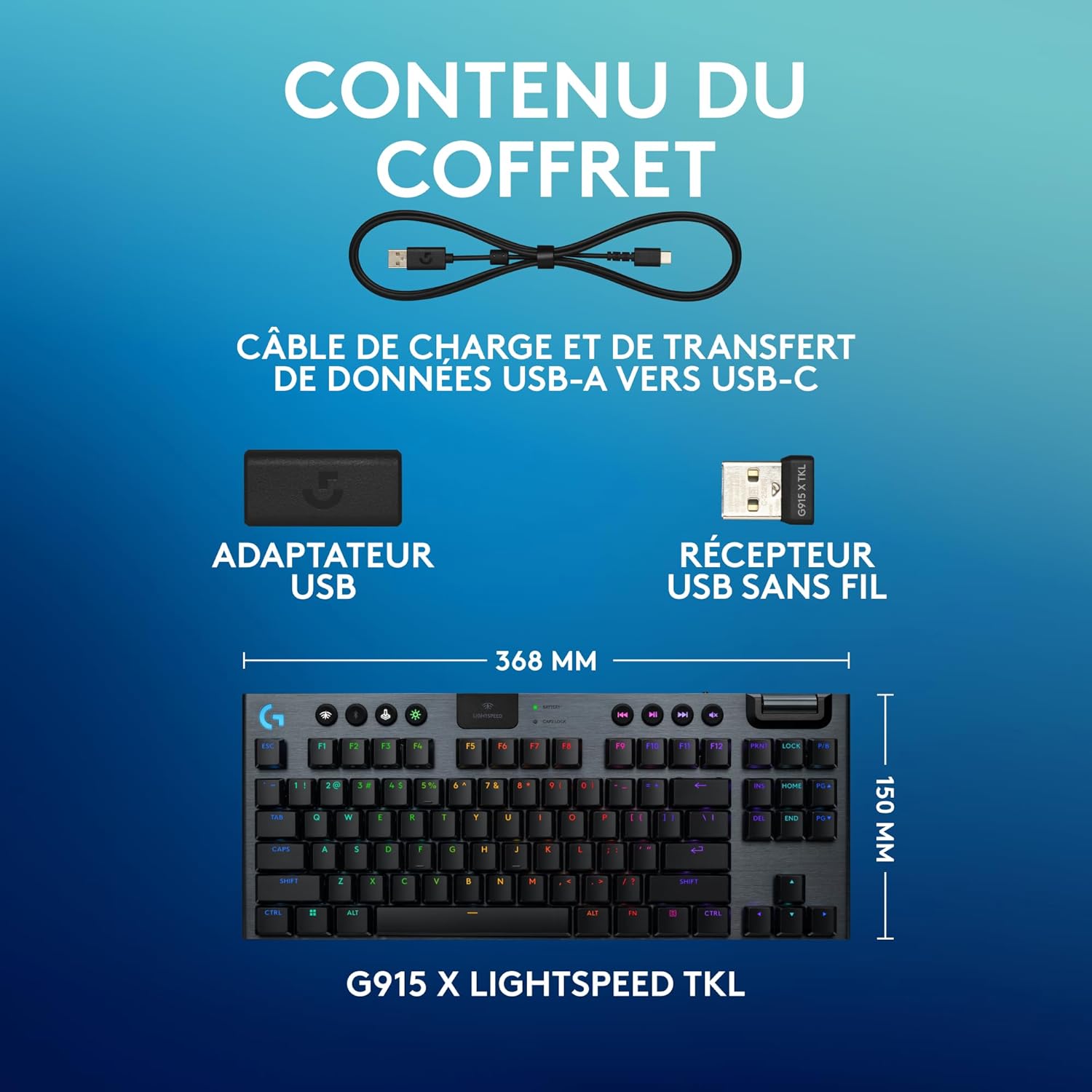 Logitech G915 TKL Tenkeyless LIGHTSPEED Clavier Gamer Mécanique, Switch ultra-plat GL Tactile, RGB LIGHTSYNC, Design élégant et mince, 40+ heures de jeu, Franais AZERTY - Noir