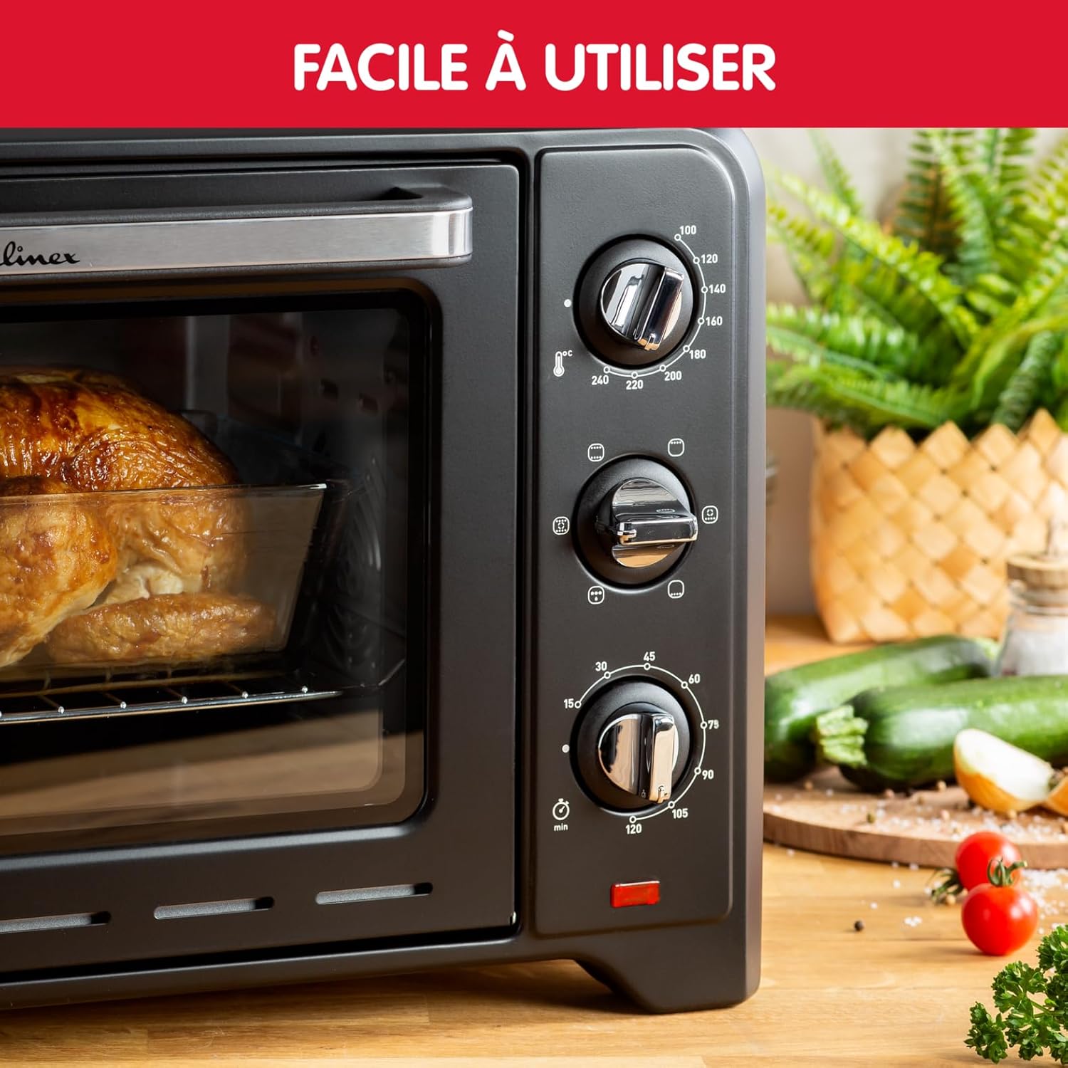 Moulinex Four électrique posable 19 L, Compact, chaleur tournante, 6 modes de cuisson, Thermostat réglable jusqu’à 240°C, Minuteur 120 min, Grille réversible, Lèche frites, Optimo noir OX444810