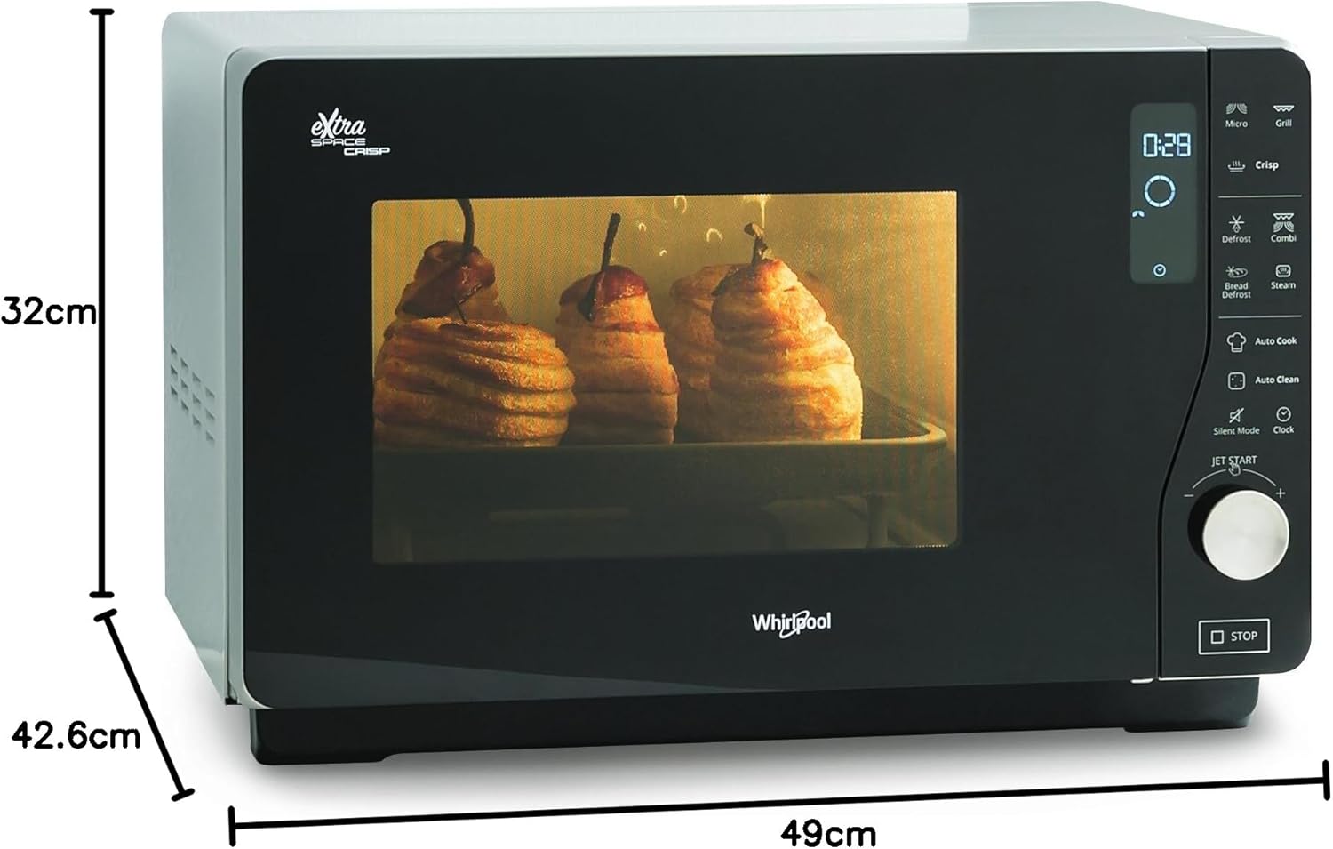 Whirlpool MWF 427 SL Four à micro-ondes Extra Space + Grill, 25 litres, argent, avec steamer, grille haute et plate Crisp + poignée, 800 + 1000 W