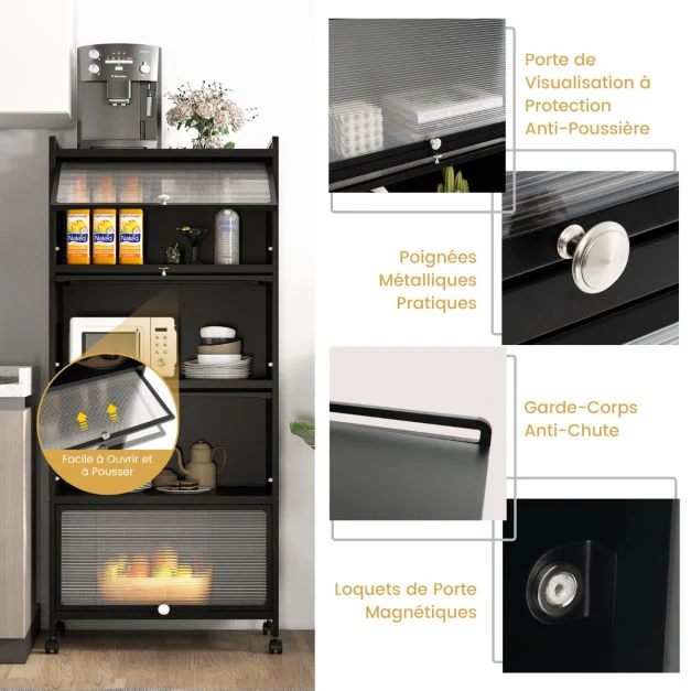 tagère de cuisine 5 niveaux avec 4 portes pc escamotables meuble de rangement avec 4 roues pour salle à manger salon noir 20_0009714