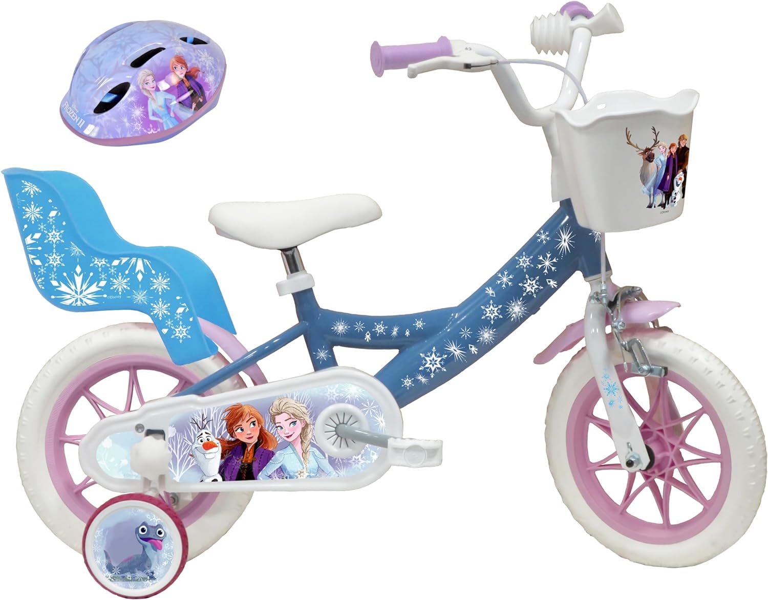 Vélo ATLAS Vélo 12'' Fille Frozen équipé de 1 Frein, Panier Avant, Porte poupée arrière, Garde boues, Carter et stabilisateurs + Casque Reine des neiges Inclus Enfant, Bleu Ciel, 12