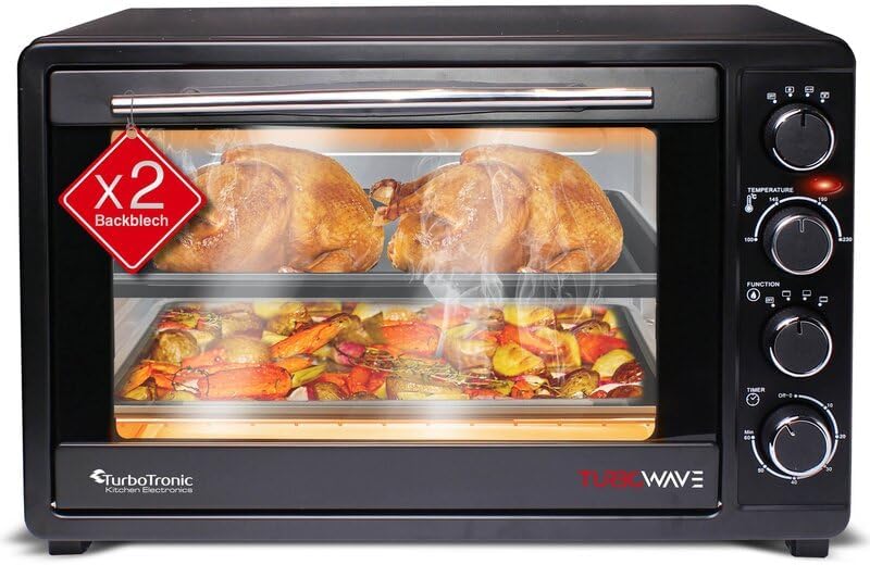 TurboTronic Mini Four à Convection avec Rtissoire, 35L, 1600W – Four Compact Multifonctions Idéal pour Pizza, Camping et Cuisine Maison, Inclus 2 Plaques de Cuisson