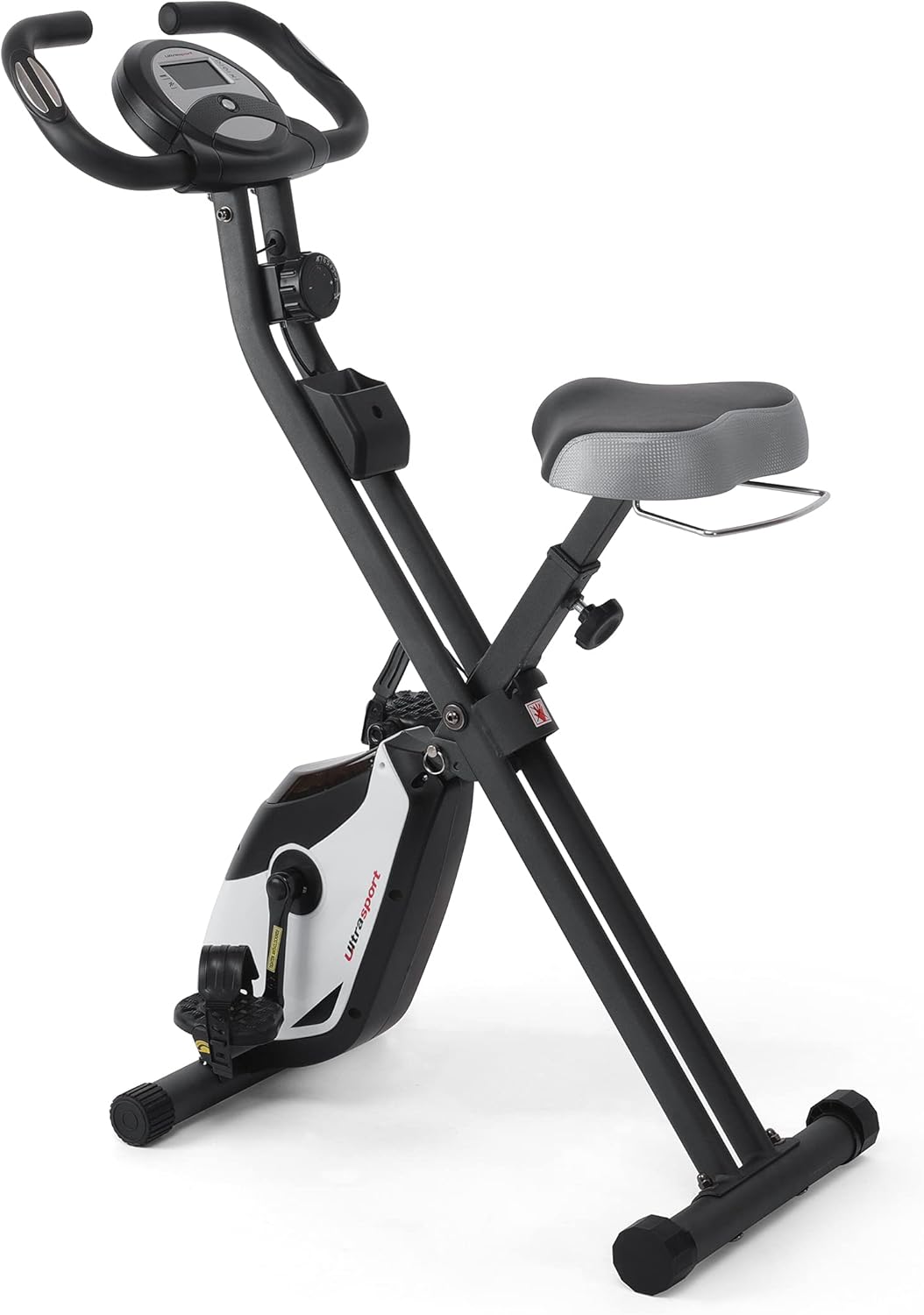 Ultrasport F-Bike, entraneur vélo, vélo d'appartement, home trainer pliable, écran LCD, opt. capteurs pouls main, Niveaux de résistance réglables, faciles à assembler, idéal pour athlètes et seniors