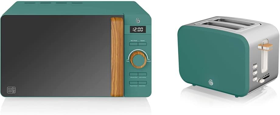 Swan Four à micro-ondes numérique Nordic 20 L, 6 niveaux de puissance, 800 W, minuterie de 30 minutes, nettoyage facile, mode dégivrage, design moderne, poignée effet bois, blanc mat