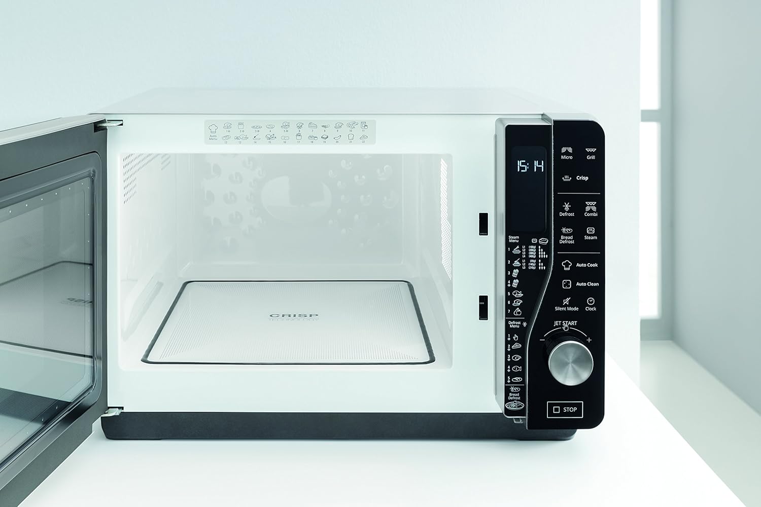 Whirlpool MWF 427 SL Four à micro-ondes Extra Space + Grill, 25 litres, argent, avec steamer, grille haute et plate Crisp + poignée, 800 + 1000 W