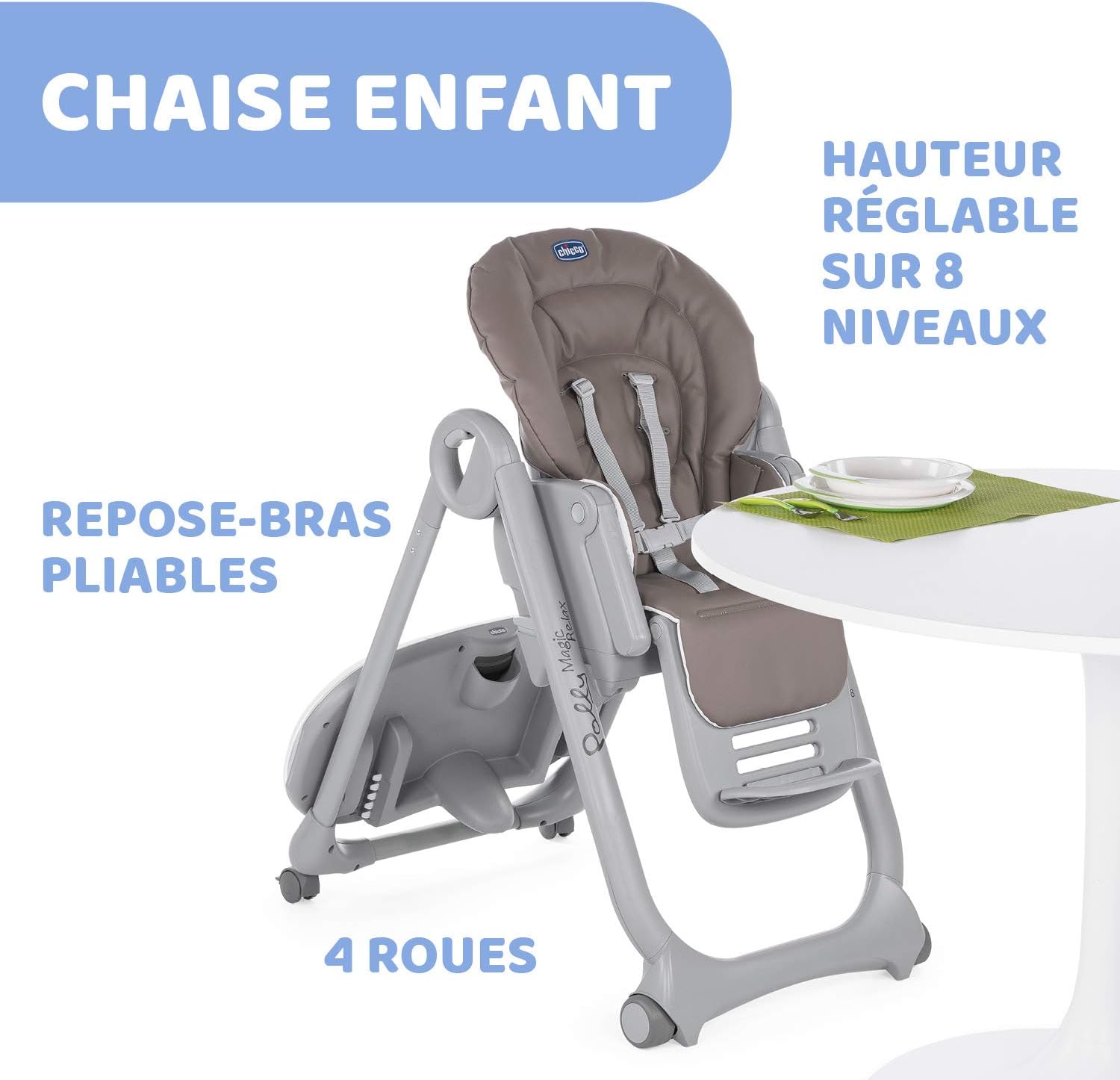 Chicco Polly Magic Relax Chaise Haute Bébé volutive et Pliable à 4 Roues, Enfants de la Naissance à 3 ans (15 kg), Inclinable en Transat, avec Coussin Réducteur et Barre de Jeux - Gris