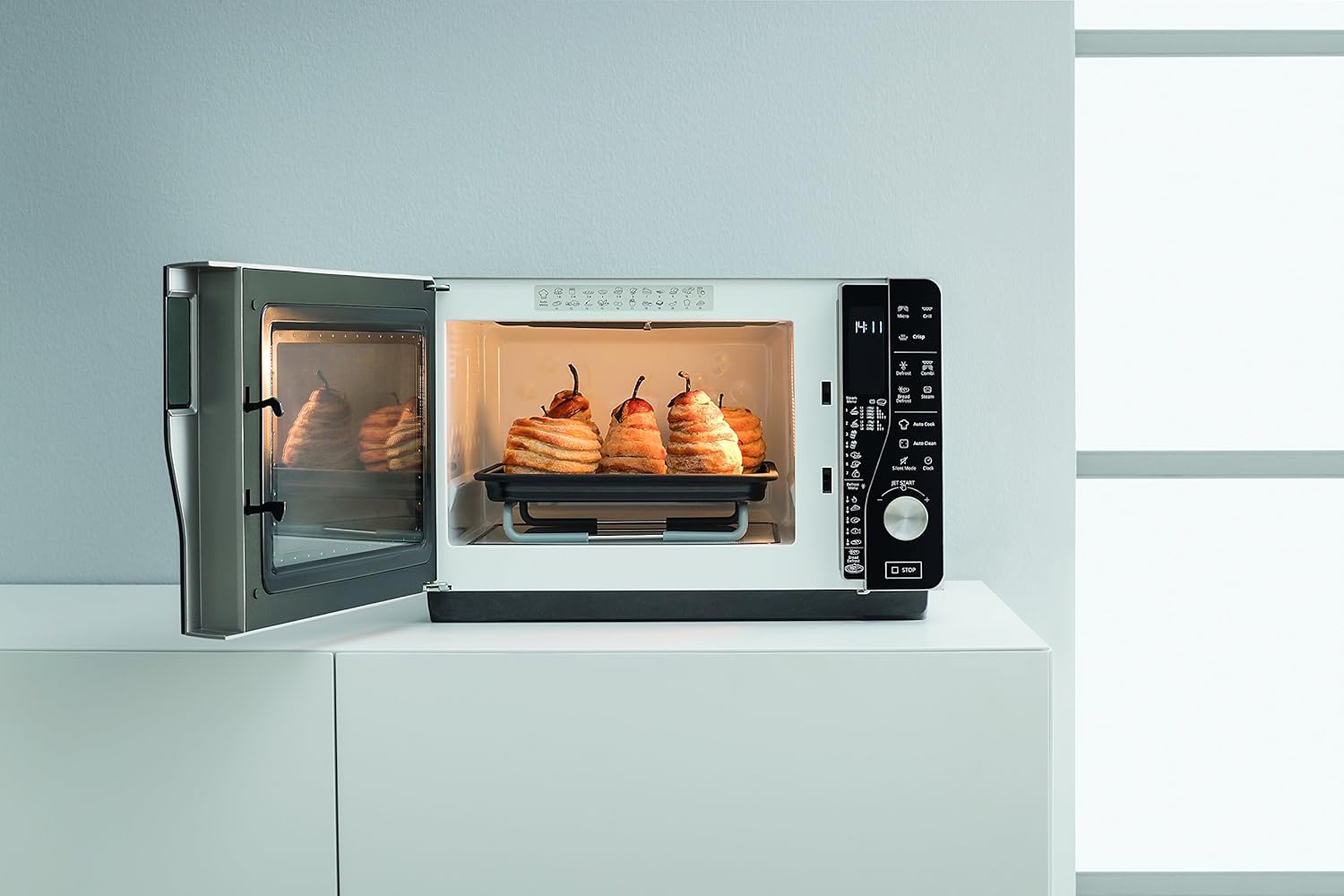 Whirlpool MWF 427 SL Four à micro-ondes Extra Space + Grill, 25 litres, argent, avec steamer, grille haute et plate Crisp + poignée, 800 + 1000 W