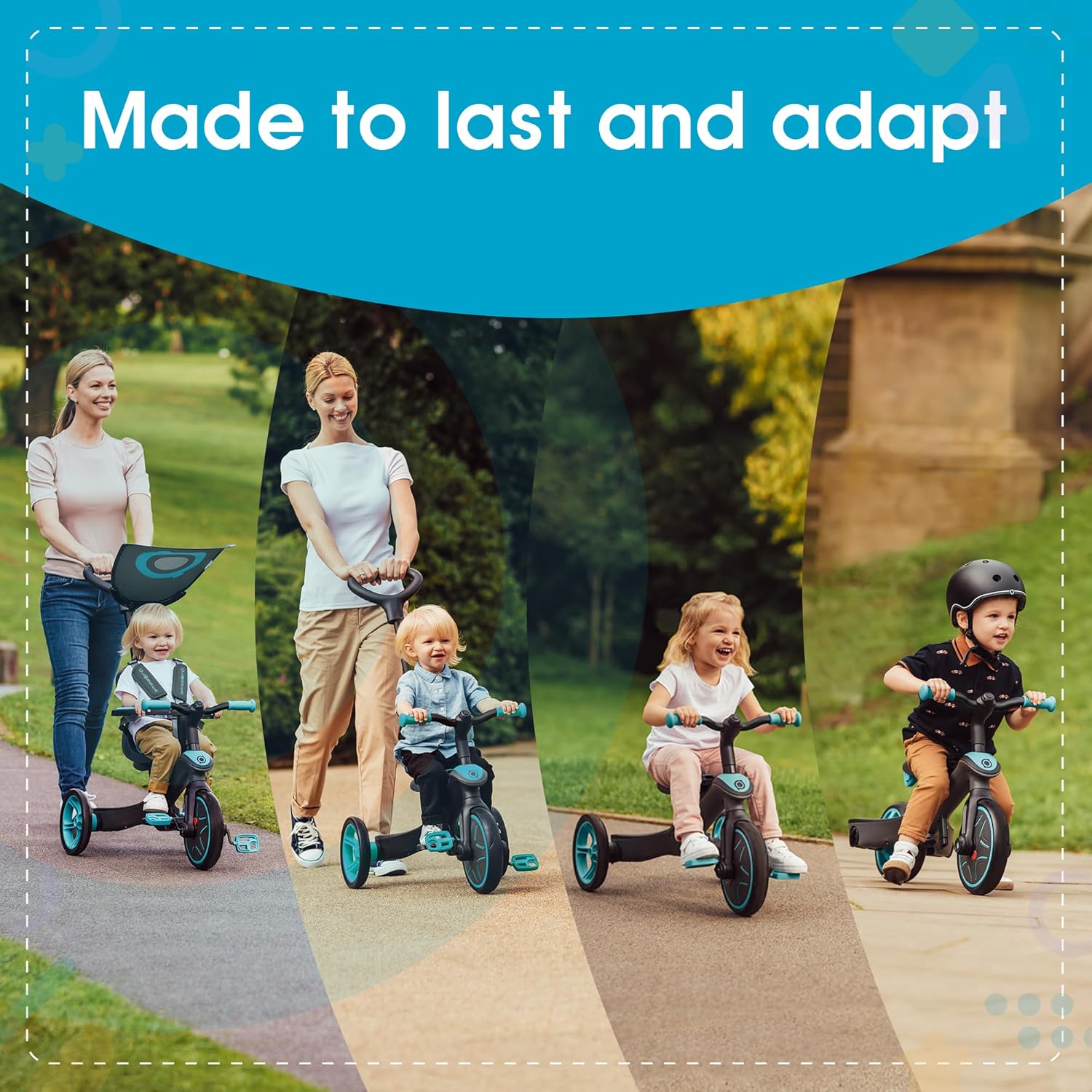 Globber - EXPLORER TRIKE 4 en 1 - Tricycle évolutif & draisienne pour les tout-petits gés de 10m+ à 5 ans + , Bleu Canard