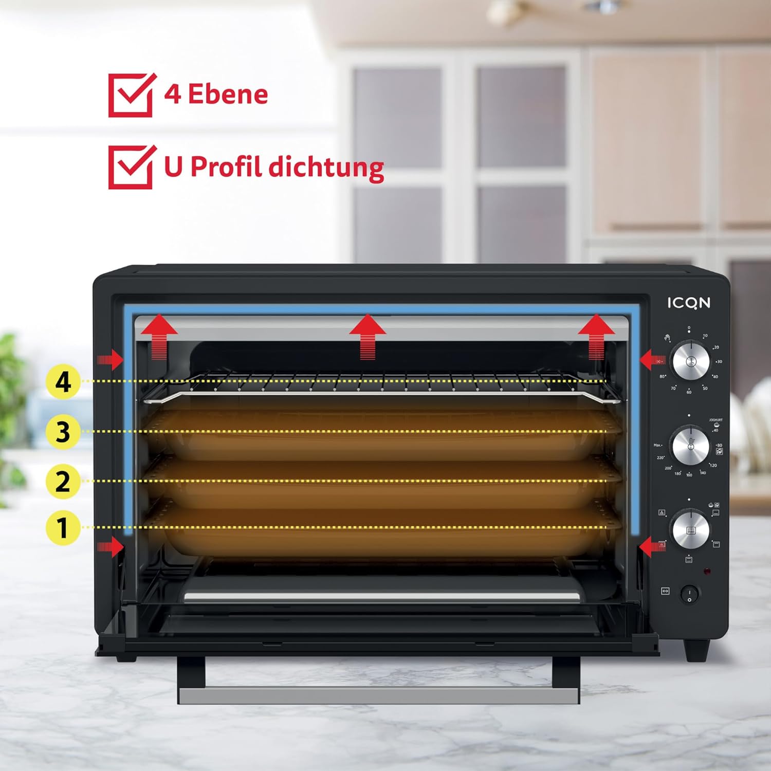 ICQN Mini Four Electrique 60l, 5 Fonctions, 40°-230°C, 2000 W, Anthracite Noir