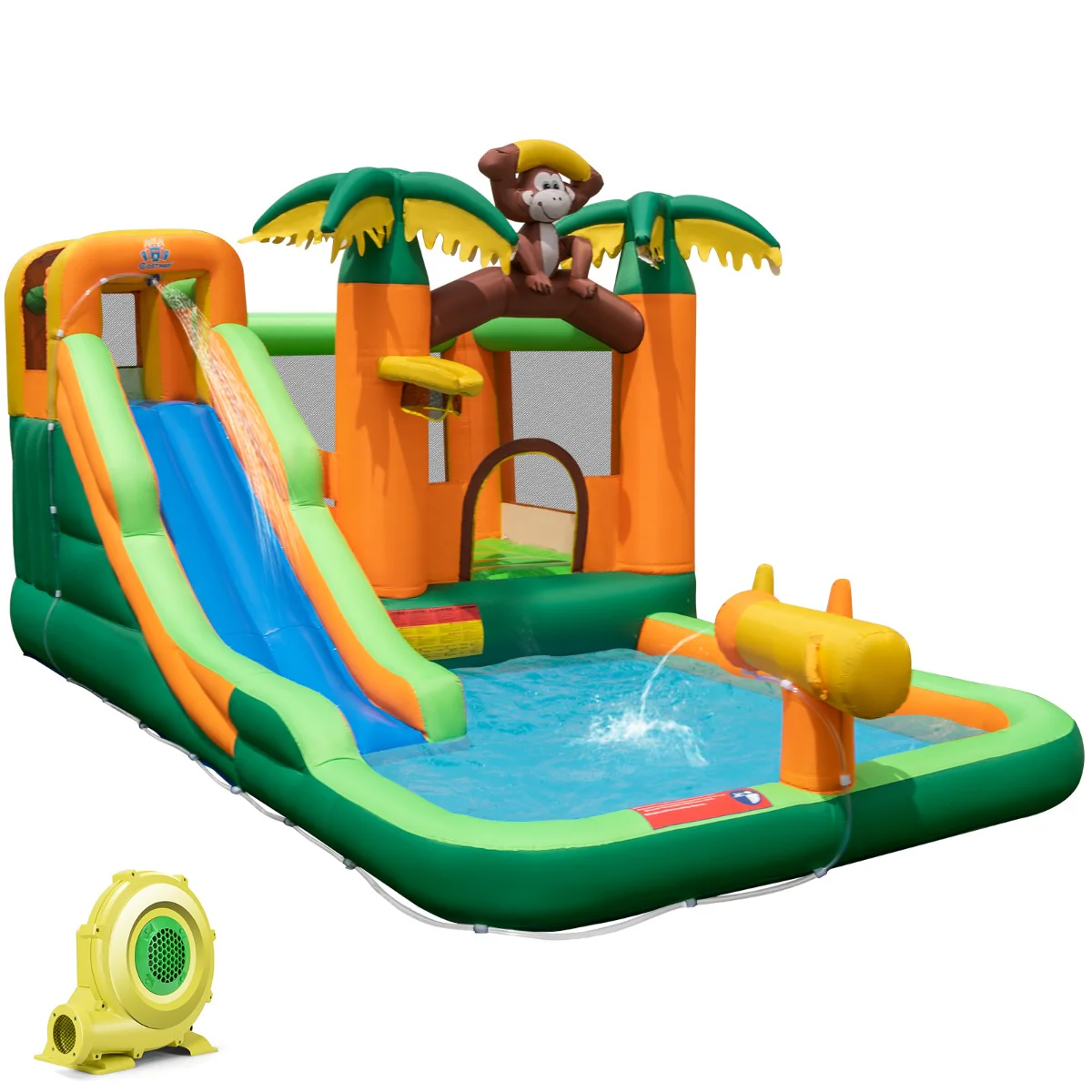 Chteau gonflable 7 en 1  tropical à thème singe et palmier avec toboggan aquatique avec piscine et 50 boules charge 90kg pour 2 enfants de 3-10 ans 20_0007620