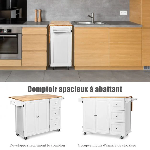 Desserte sur roulettes service de cuisine de roulant avec plans de travail rabattable en bois armoire de rangement 20_0008402