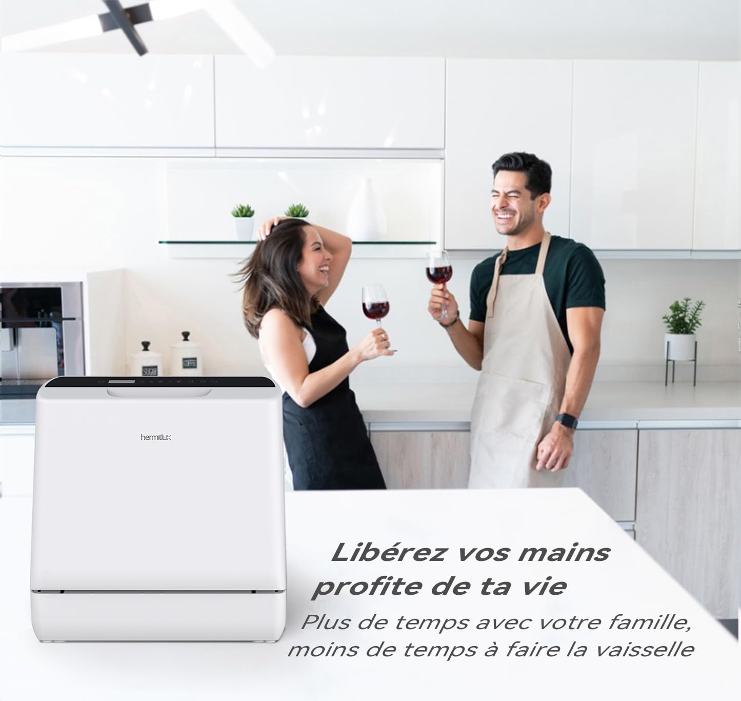 Hermitlux Mini lave-vaisselle de table, utilisable avec et sans raccordement à l'eau, largeur 43 cm, espace pour 4 couverts, camping, 175 kWh/an, blanc