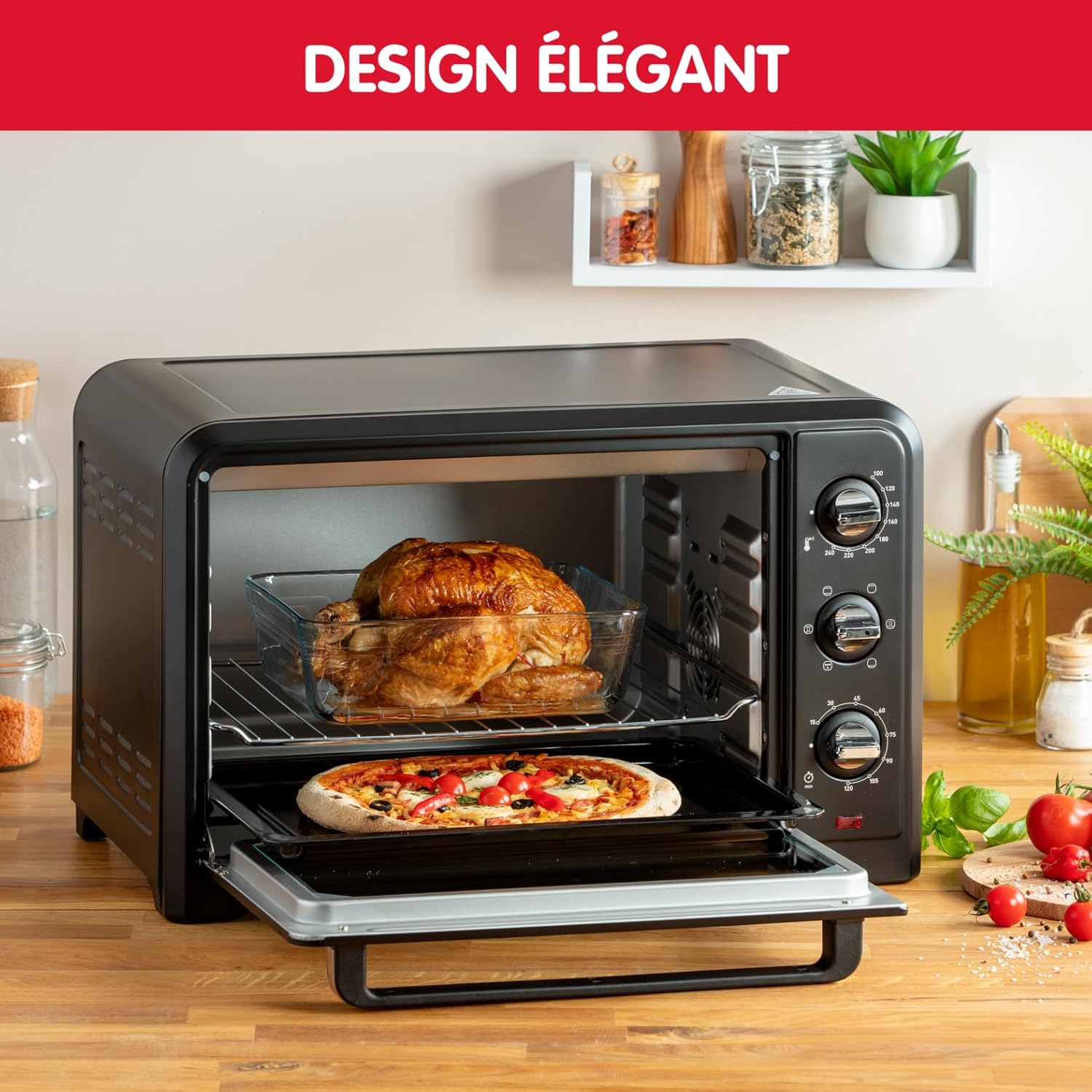 Moulinex Four électrique posable 19 L, Compact, chaleur tournante, 6 modes de cuisson, Thermostat réglable jusqu’à 240°C, Minuteur 120 min, Grille réversible, Lèche frites, Optimo noir OX444810