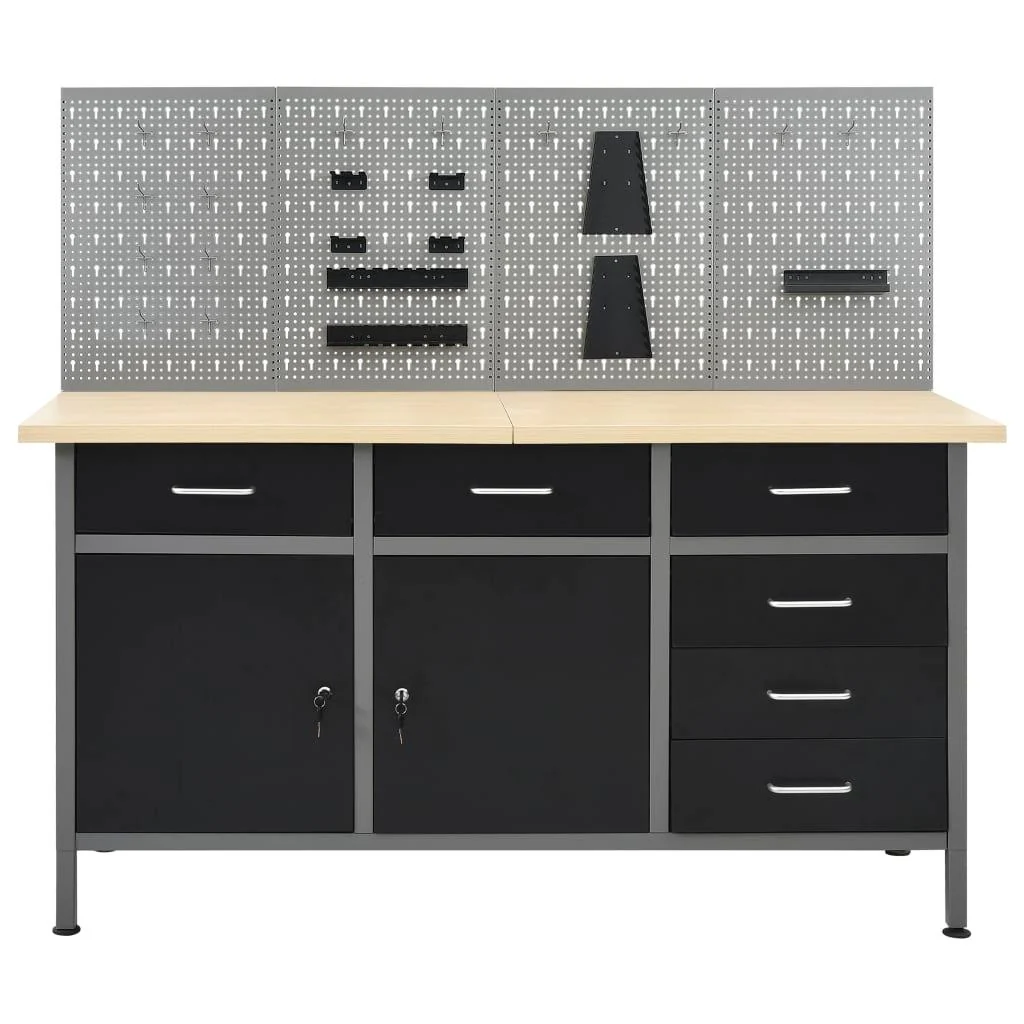 Etabli avec 4 panneaux muraux table de travail poste de travail stockage rangement d'outils 160 cm garage atelier pieds réglables en hauteur 02_0003666