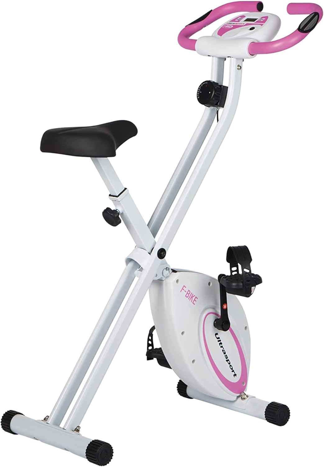 Ultrasport F-Bike, entraneur vélo, vélo d'appartement, home trainer pliable, écran LCD, opt. capteurs pouls main, Niveaux de résistance réglables, faciles à assembler, idéal pour athlètes et seniors