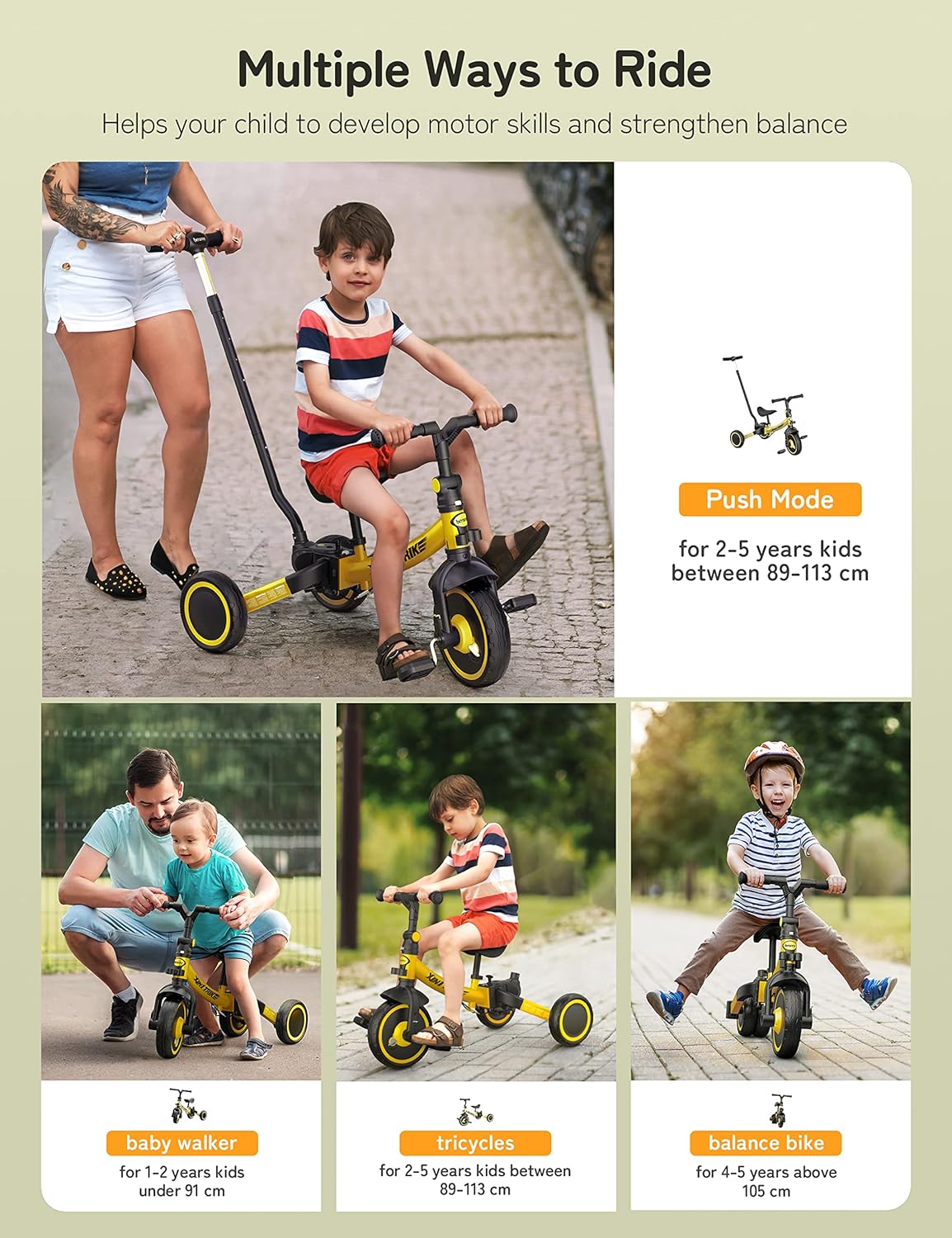 besrey 5 en 1 Tricycle Enfant bébé évolutif 1-4 Ans,Vélo Draisienne,Vélo sans Pédale,Noir