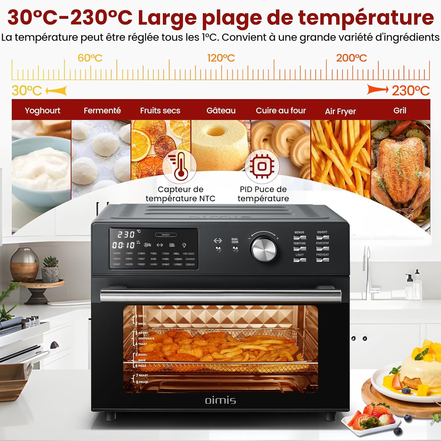 Oimis Friteuse à Air Chaud Sans Huile Four 30L,Gris, 1800W avec 21 Programmes Prédéfinis, Rtissoire,Déshydrateur, 6 Accessoires, Recettes（NO Panier Rotatif）