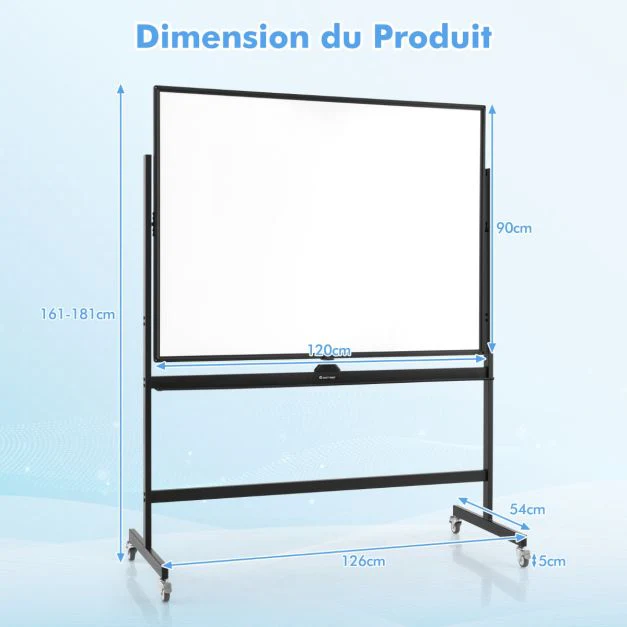 Tableau blanc réversible à 360° de 90 x 120 cm avec hauteur réglable et 4 roulettes pour école/maison/bureau/salle de classe 20_0006556