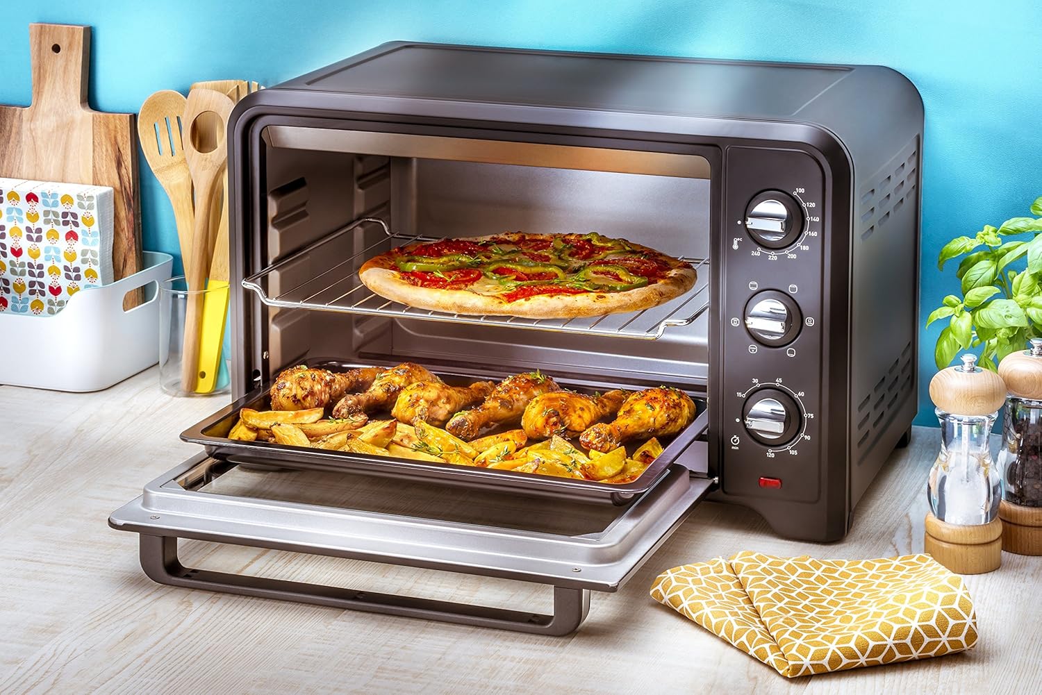 Moulinex Optimo OX484810 - Four à convection de 39 L, 6 modes de cuisson avec thermostat jusqu'à 240 ° et minuterie jusqu'à 120 minutes, plaque de cuisson et grilles réversibles, design compact
