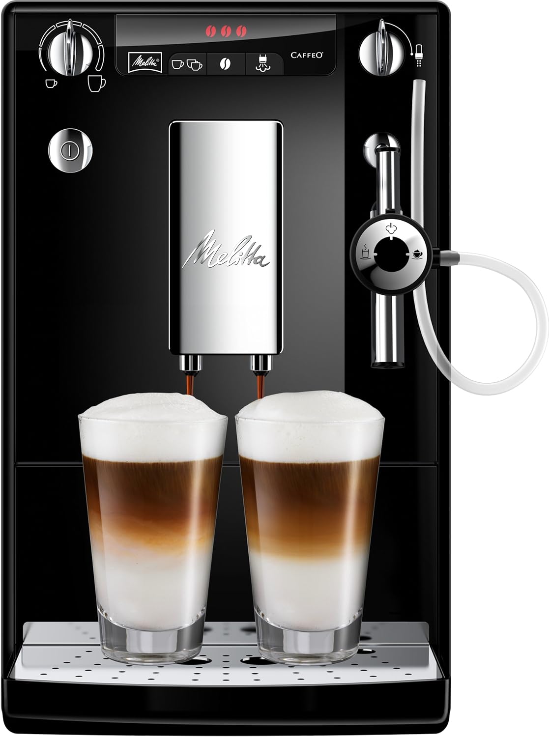Melitta Solo & Perfect Milk Argent, Machine à Café à Grains avec Broyeur et Système d'Extraction des Armes, Mode 1 à 2 Tasses, Auto Cappuccinatore, Affichage LED, E957-203, 1400W