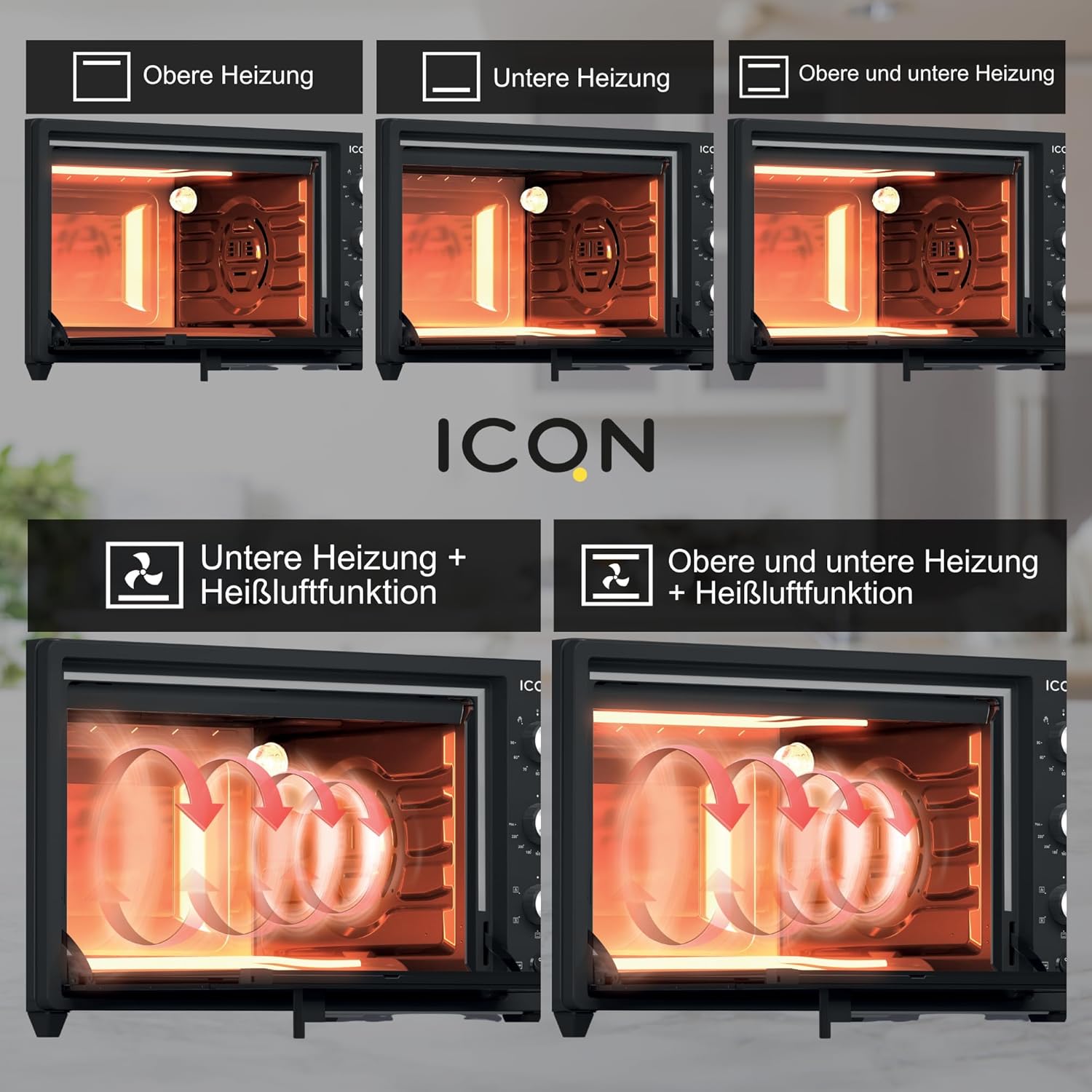 ICQN Mini Four Electrique 60l, 5 Fonctions, 40°-230°C, 2000 W, Anthracite Noir