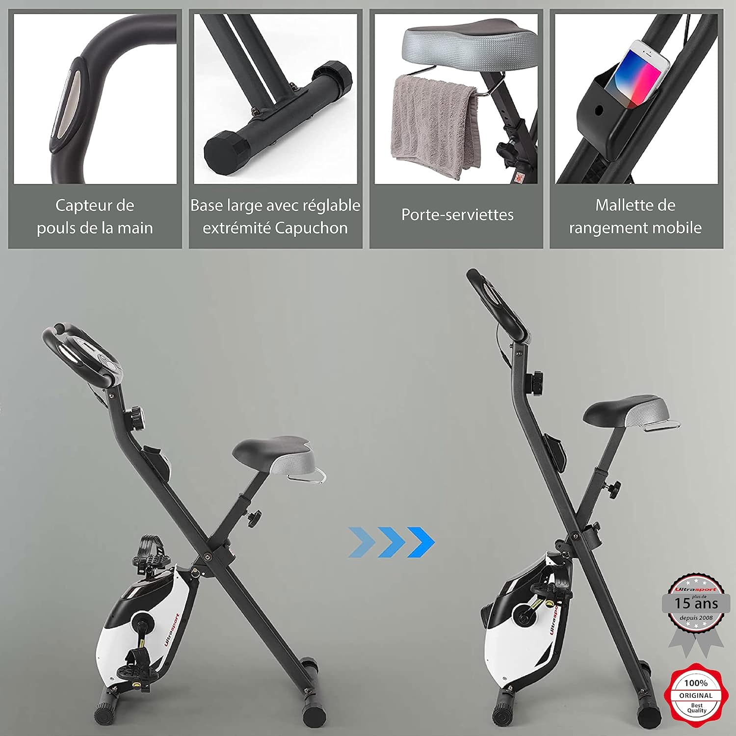 Ultrasport F-Bike, entraneur vélo, vélo d'appartement, home trainer pliable, écran LCD, opt. capteurs pouls main, Niveaux de résistance réglables, faciles à assembler, idéal pour athlètes et seniors