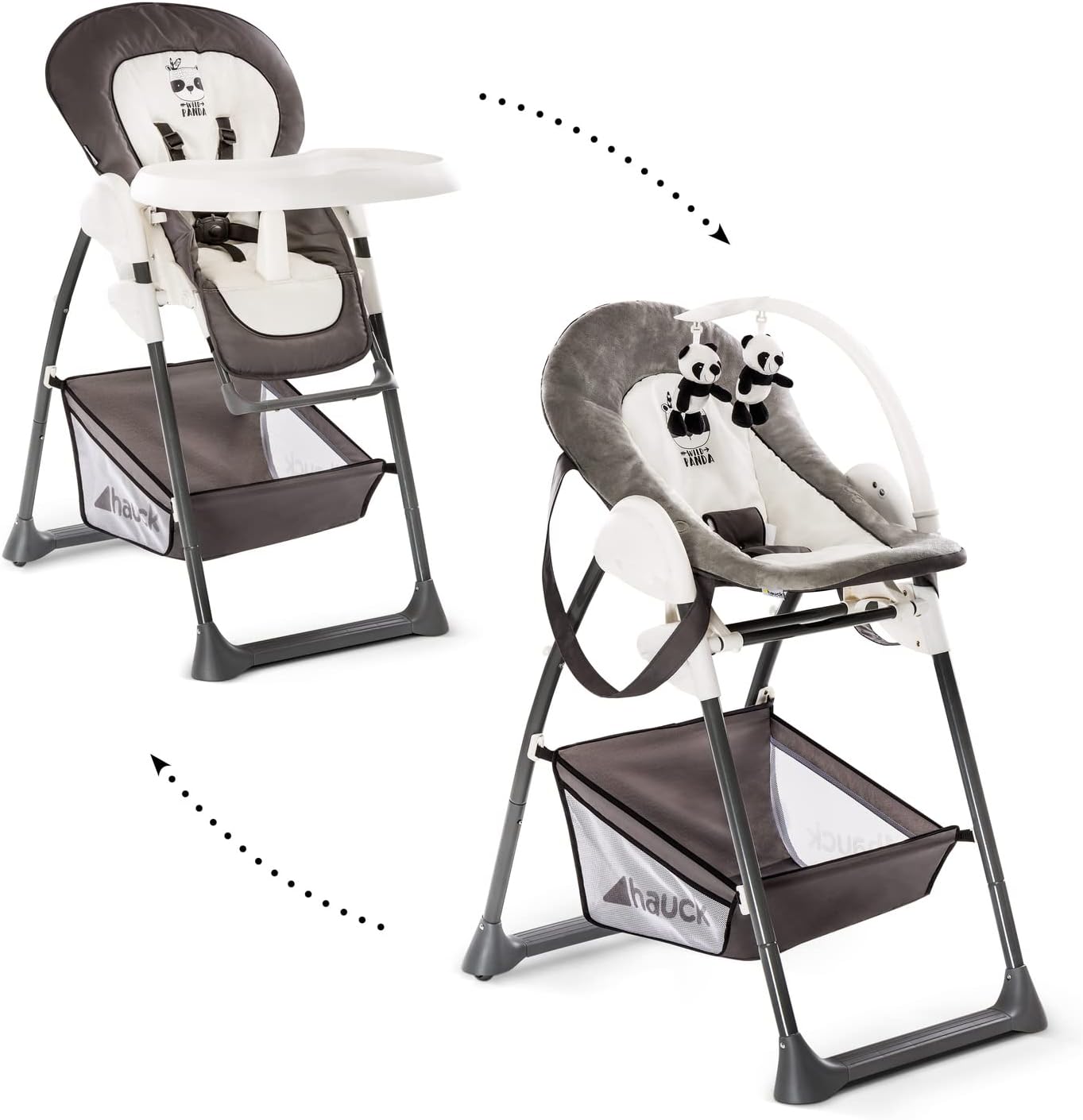 Hauck Chaise Haute Bébé Sit N Relax, Inclus Transat Bebe avec Arche de Jeux, Siège Enfant avec Plateau, Chssis Réglable en Hauteur avec Roues et Panier, Pliable - Wild Panda