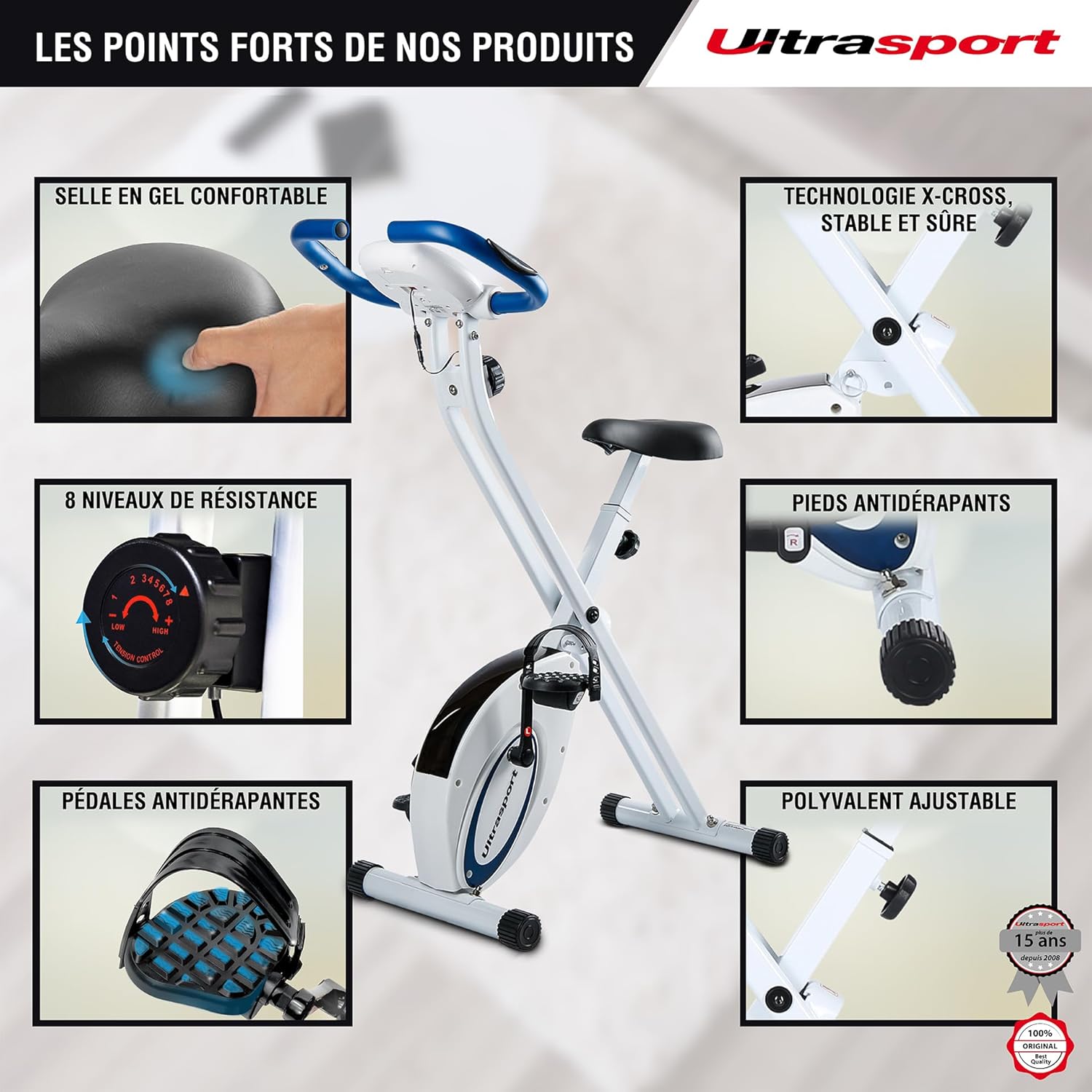 Ultrasport F-Bike, entraneur vélo, vélo d'appartement, home trainer pliable, écran LCD, opt. capteurs pouls main, Niveaux de résistance réglables, faciles à assembler, idéal pour athlètes et seniors