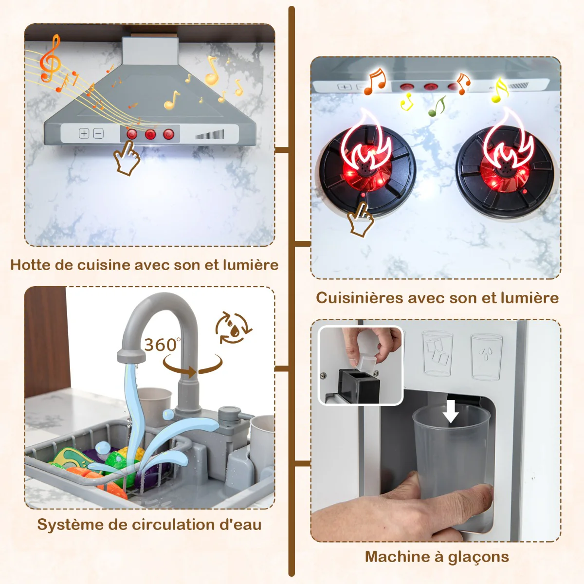 Cuisine enfant en bois pour 3 ans+ 18 accessoires avec lumière son et système de circulation d'eau marron 20_0008367