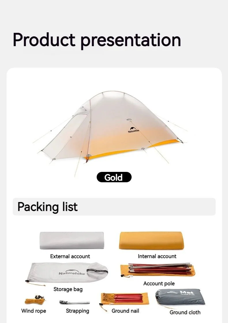 Tente à double-parois ultralégère pour la randonnée, le trekking, le bivouac 2 personnes 930g  Naturehike – Cloud Up Ultralight 10D