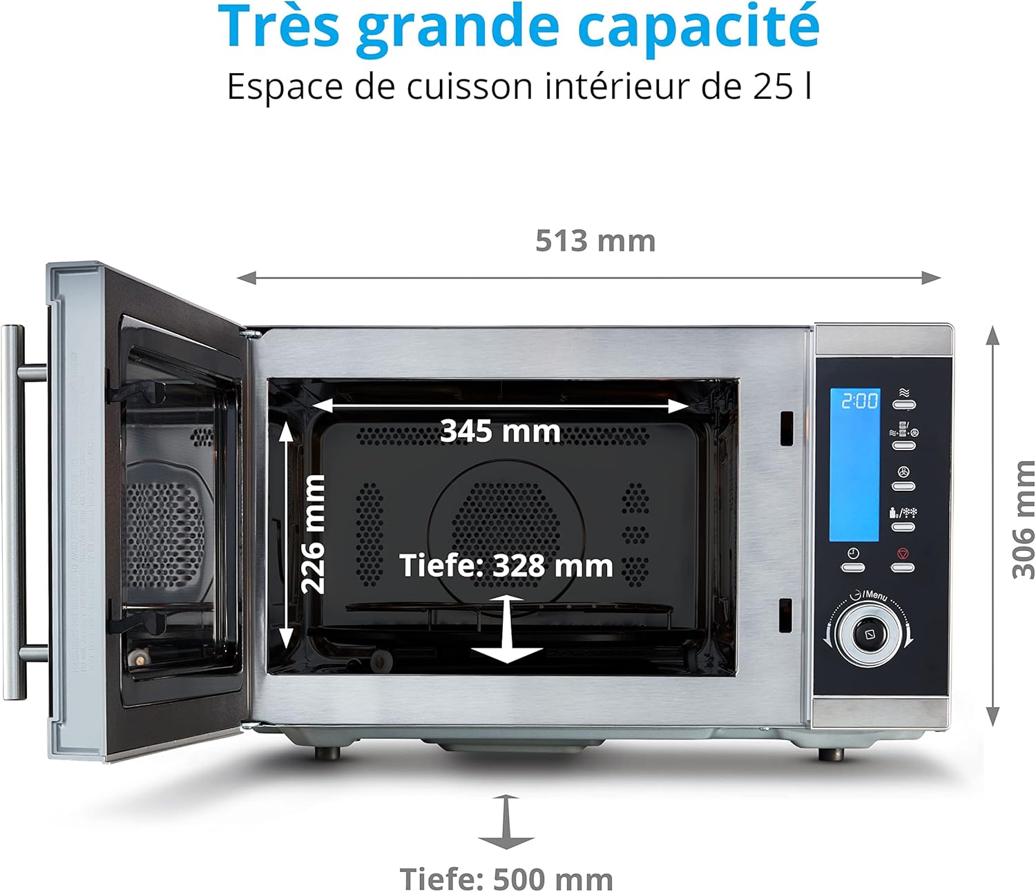 MEDION Micro-onde grill 4en1 MD15501, four micro-onde combiné 25L avec grille, micro-onde 900W, 1100W mode grill, 2500W mode air chaud avec 10 niveaux de puissance, noir/argent