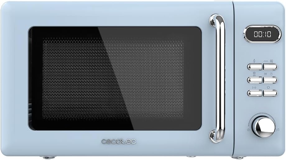 Cecotec Micro-Ondes Mécanique avec Grill Proclean 3110 Retro Bleu. 20 L, 700 W en 6 niveaux, minuterie jusqu'à 30 minutes, mode dégivrage, design vintage bleu, finitions en acier.