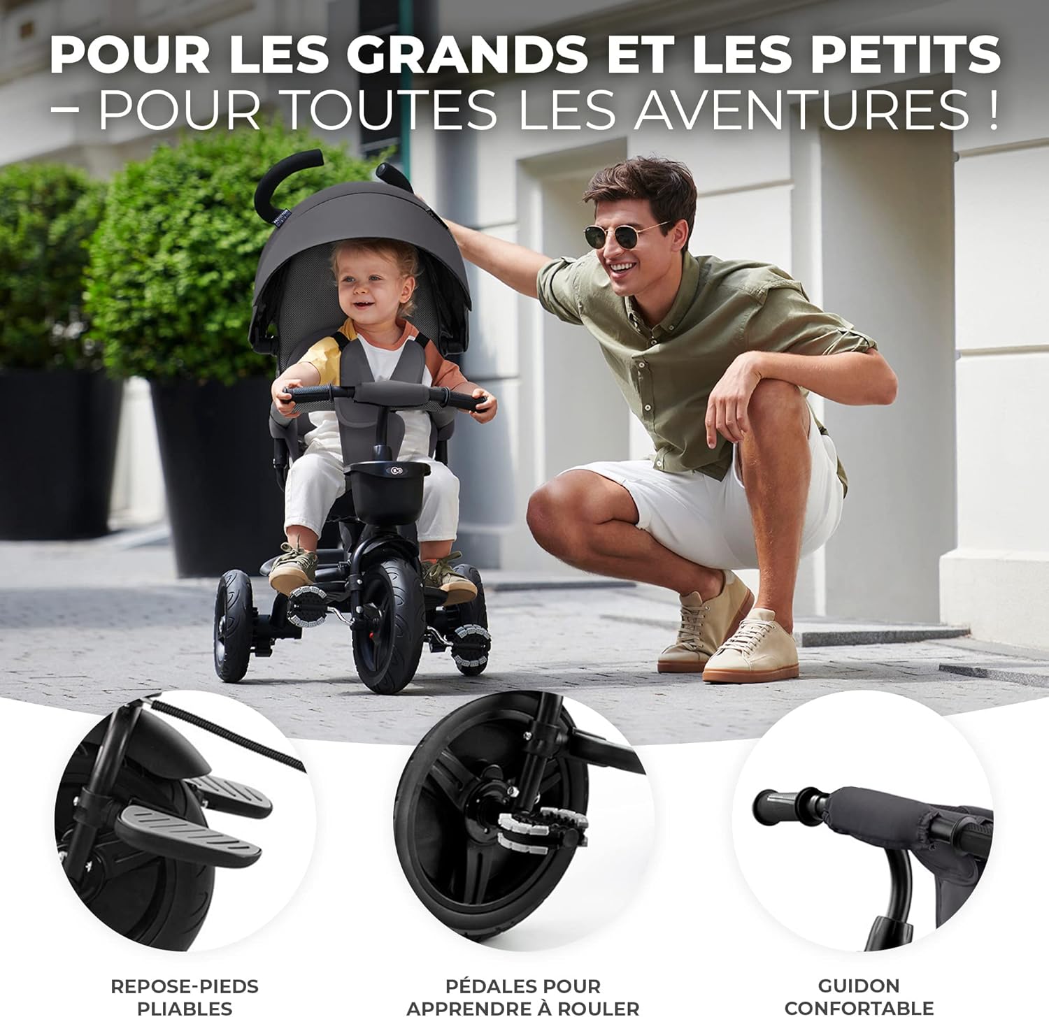 Kinderkraft AVEO Tricycle Bébé volutif, Draisienne volutif, Trike Bebe, Velo Poussette Bebe volutif, Velo Enfant 5 Ans, De 9 Mois, Pliable, Facile  Plier, Accessoires Pratiques, Gris