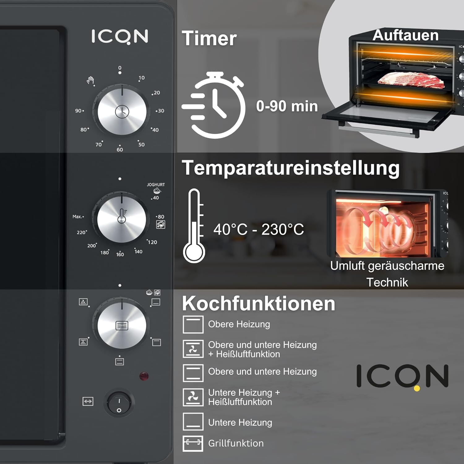 ICQN Mini Four Electrique 60l, 5 Fonctions, 40°-230°C, 2000 W, Anthracite Noir