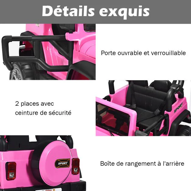 Voiture électrique 12 v véhicule electrique 2 places avec télécommande 2.4 g suspension à ressorts lumières pour plus de 3 ans rose 20_0009682