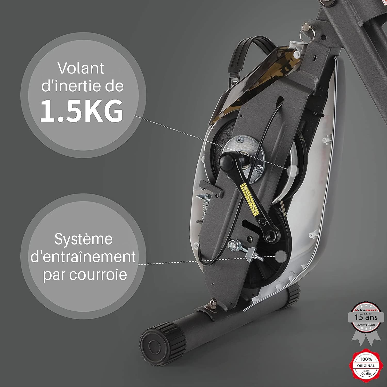 Ultrasport F-Bike, entraneur vélo, vélo d'appartement, home trainer pliable, écran LCD, opt. capteurs pouls main, Niveaux de résistance réglables, faciles à assembler, idéal pour athlètes et seniors