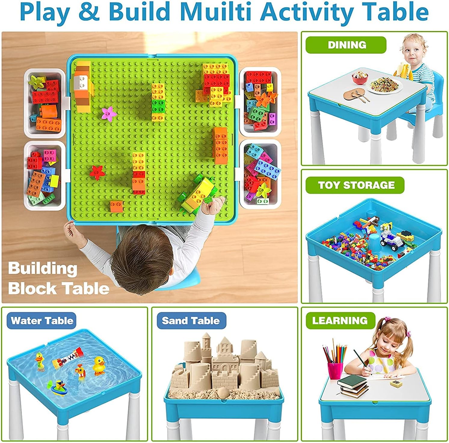 burgkidz Ensemble de Table Multi-activités pour Enfants 5-en-1-128 Pièces Blocs de Construction de Grandes Briques Compatibles, Jeu Comprenant 1 Chaise et 1 Table avec Rangement, Bleu