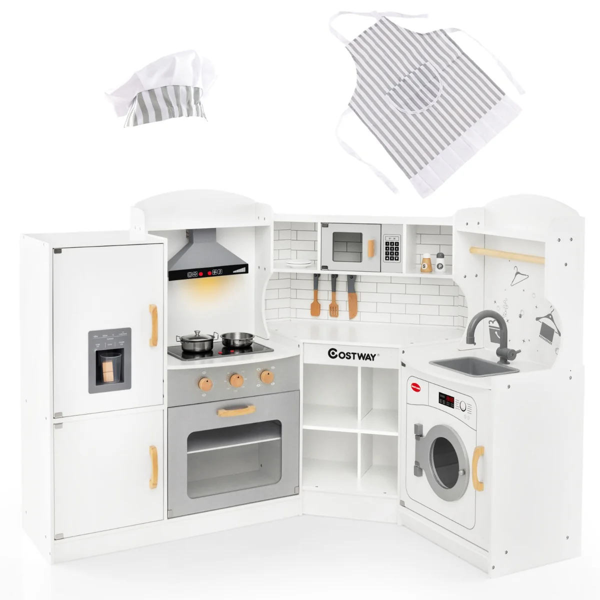 Jeu de cuisine d'angle pour enfants de 3 ans et plus en bois machine à glaons micro-ondes four évier accessoires effets sonores et lumineux 20_0002944