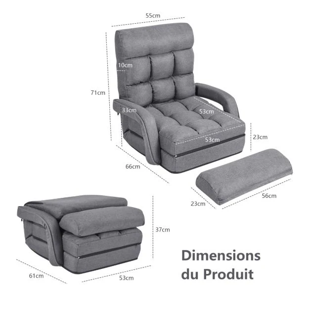 Fauteuil convertible chauffeuse convertible 1 place avec oreiller 5 positions en tissu lin éponge 54 x 56 x 70 cm gris 20_0008568