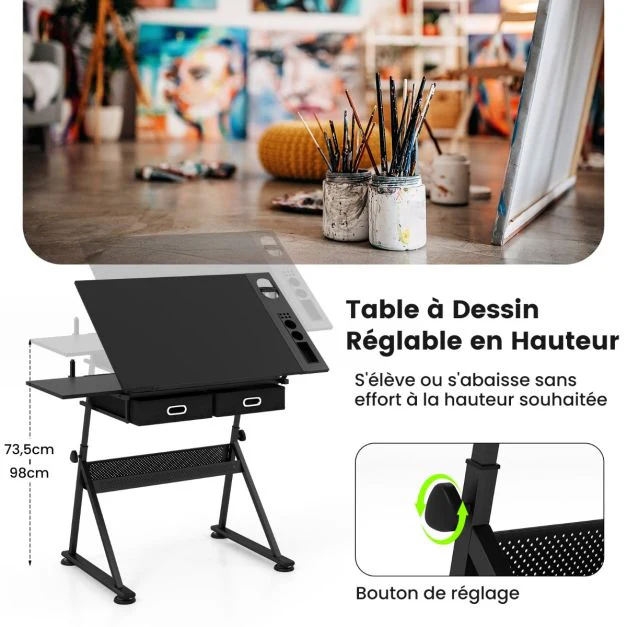 Table à dessin inclinable tabouret 2 tiroirs hauteur réglable multifonctionnel en MDF métal PVC 115 x 60 x 65/90,5 cm noir 20_0009464