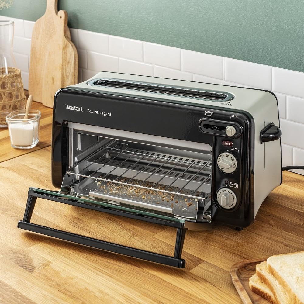 Tefal Grille-pain et mini-four 2-en-1, Acier inoxydable, Longue fente pour grille-pain avec couvercle, 6 niveaux de dorage, Température du grill jusqu'à 210°C, Toast N Grill TL600810
