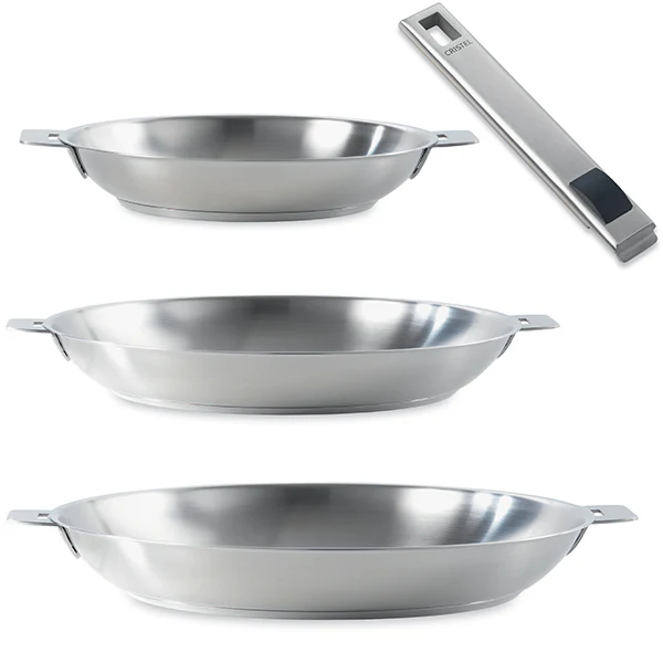 Lots de 3 poêles inox Strate 20, 24, 28 cm et 1 manche amovible  Cristel